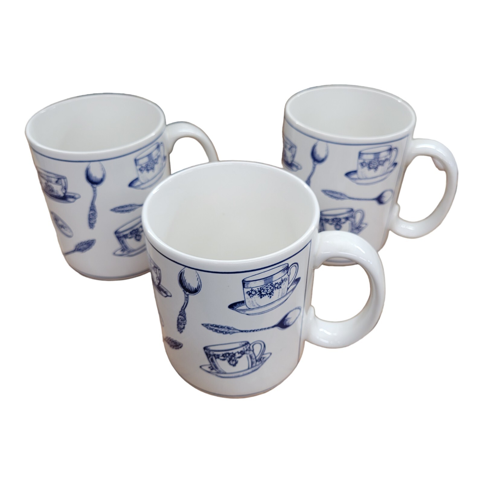 Fitz & Floyd Set Of 3 Mugs Habitat Americana Blue Tea Cups Spoons Omnibus