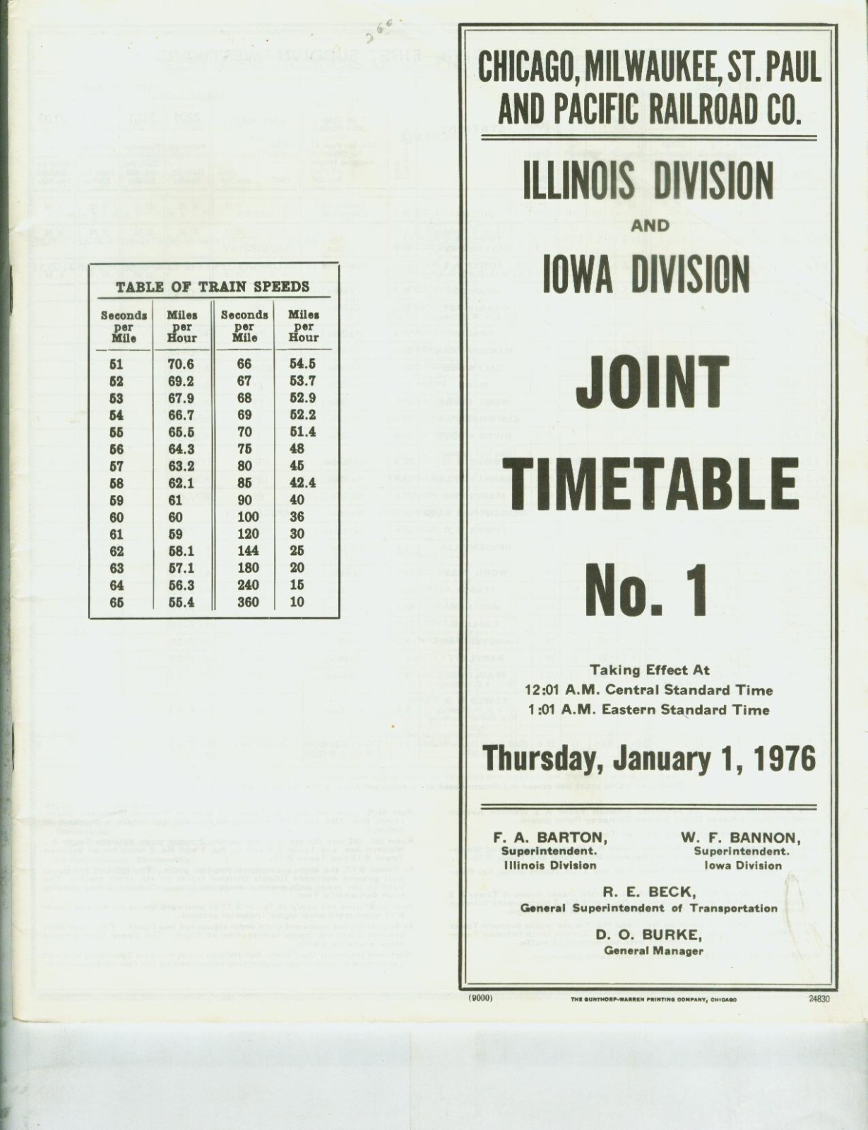 MILWAUKEE ROAD CMStP&P R.R. ETT TIMETABLE ILLINOIS & IOWA DIVS. #1  1-1-1976.