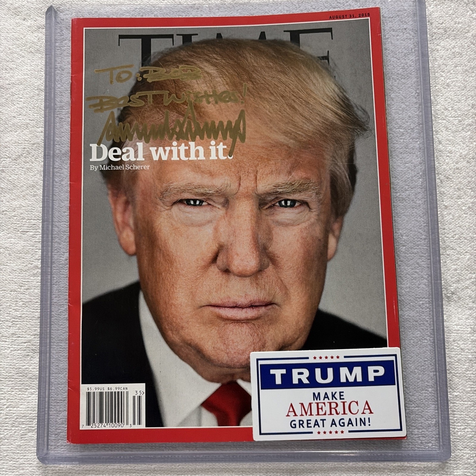 Donald Trump Hand Signed GOLD INK Time Mag. \