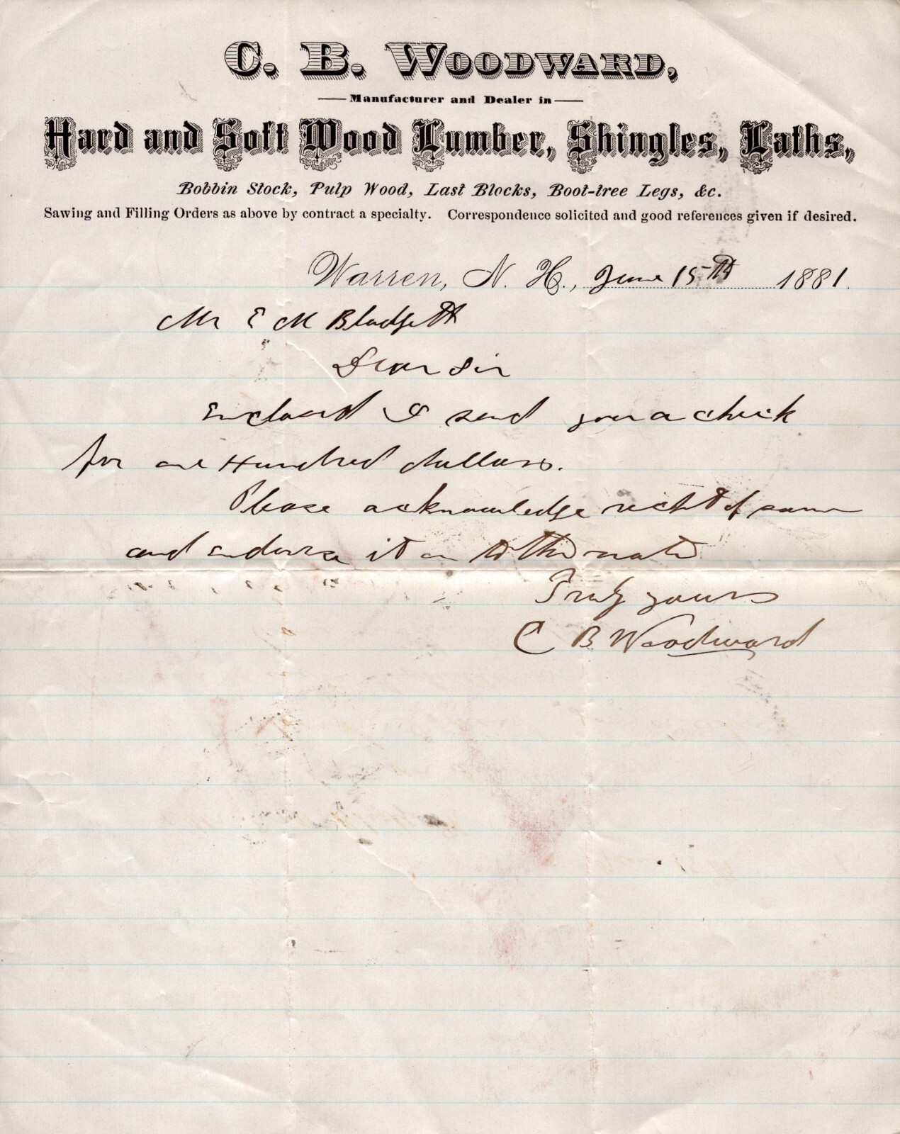 1881 Letterhead - C.B. Woodward Lumber - Warren, New York