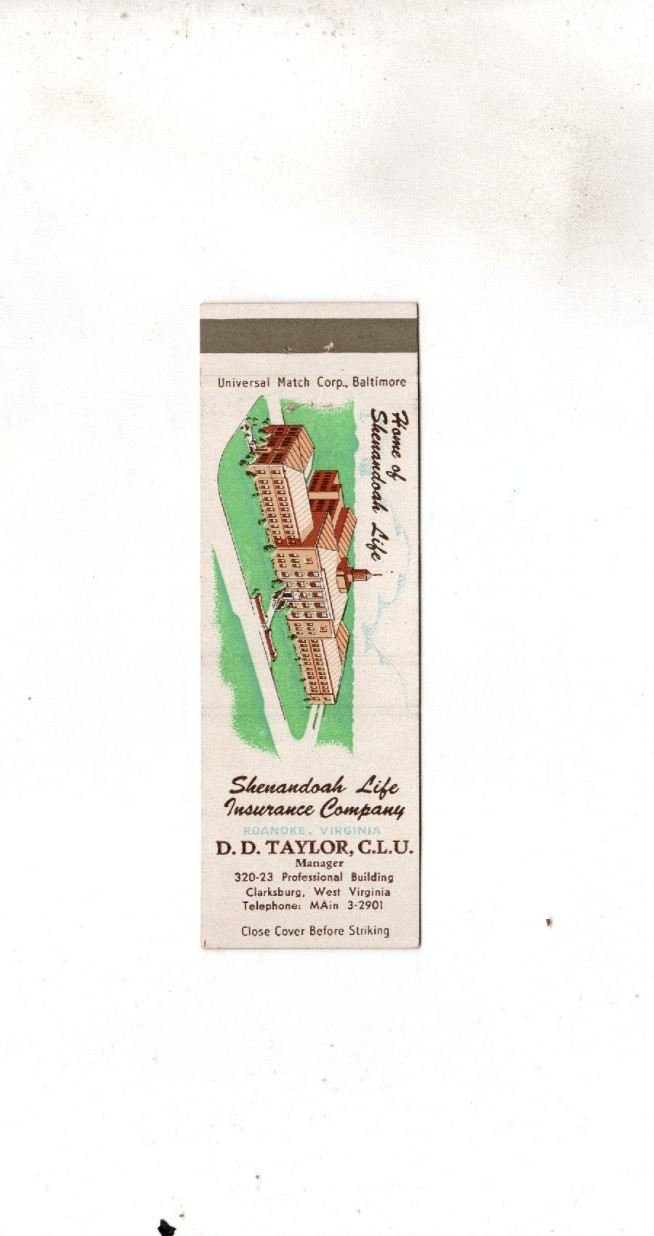 Vintage Matchcover  Shenandoah Life Insurance Company Roanoke , Virginia