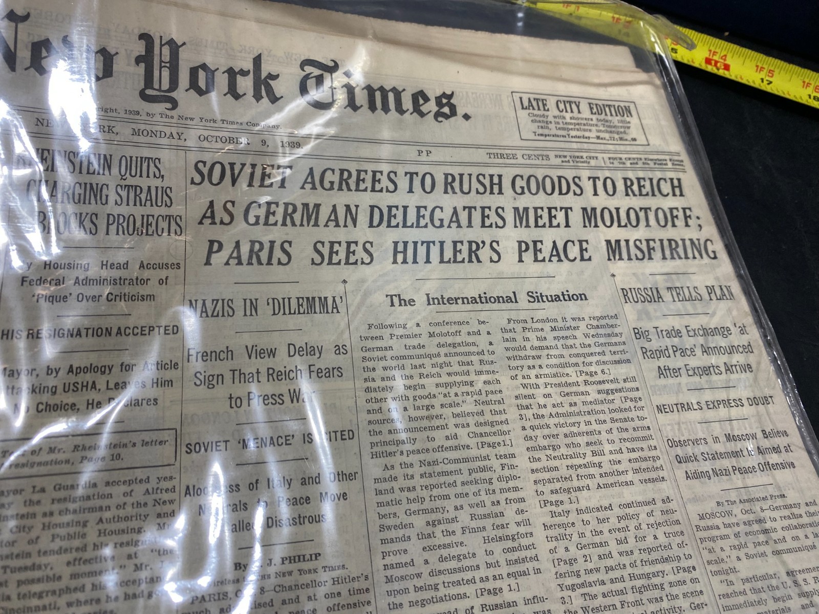 Antique New York Time Newspaper Archives October 9, 1939 w/ COA