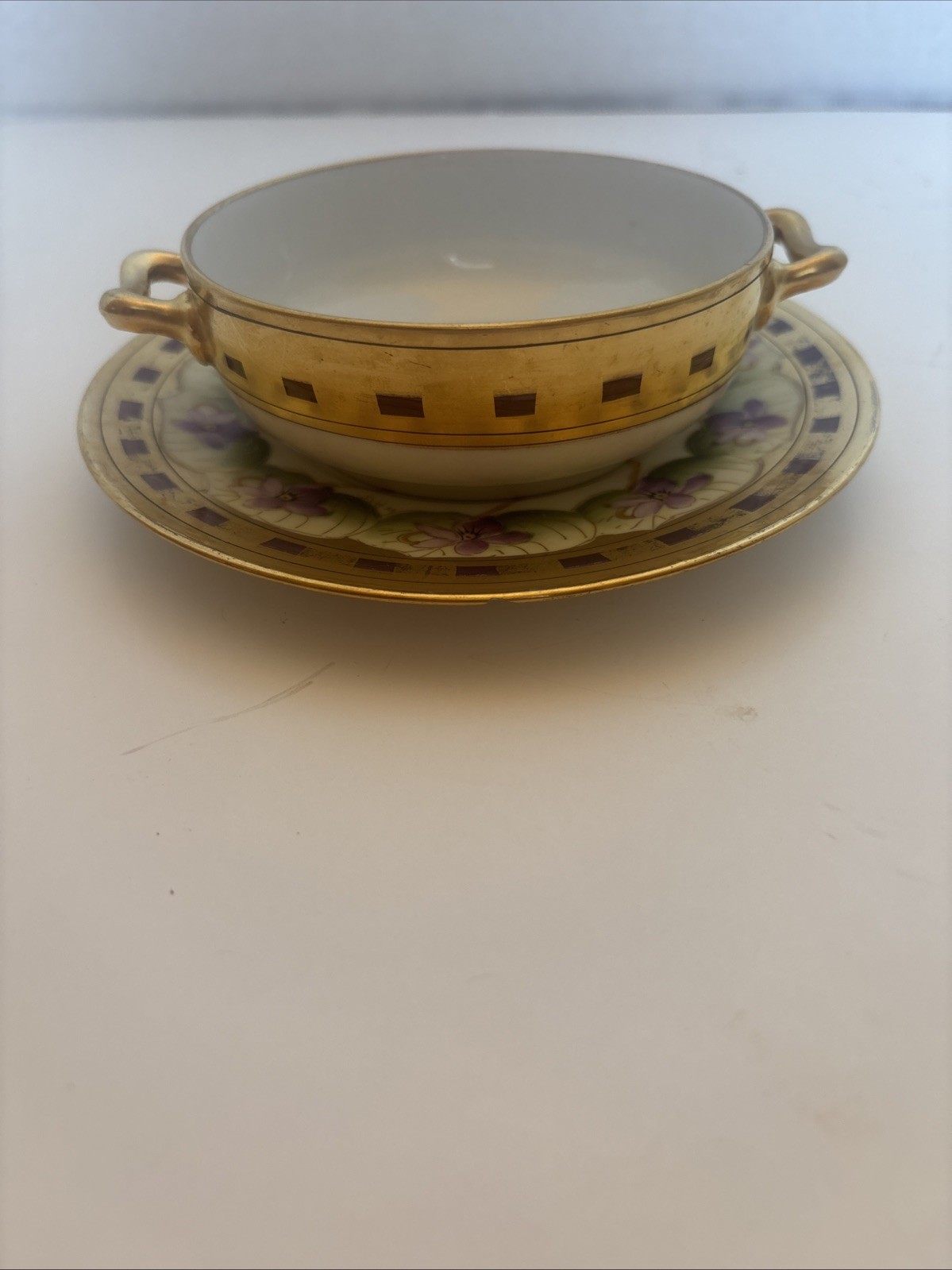 RARE Pickard Antique Hand Painted Cream Soup/saucer With Violets 