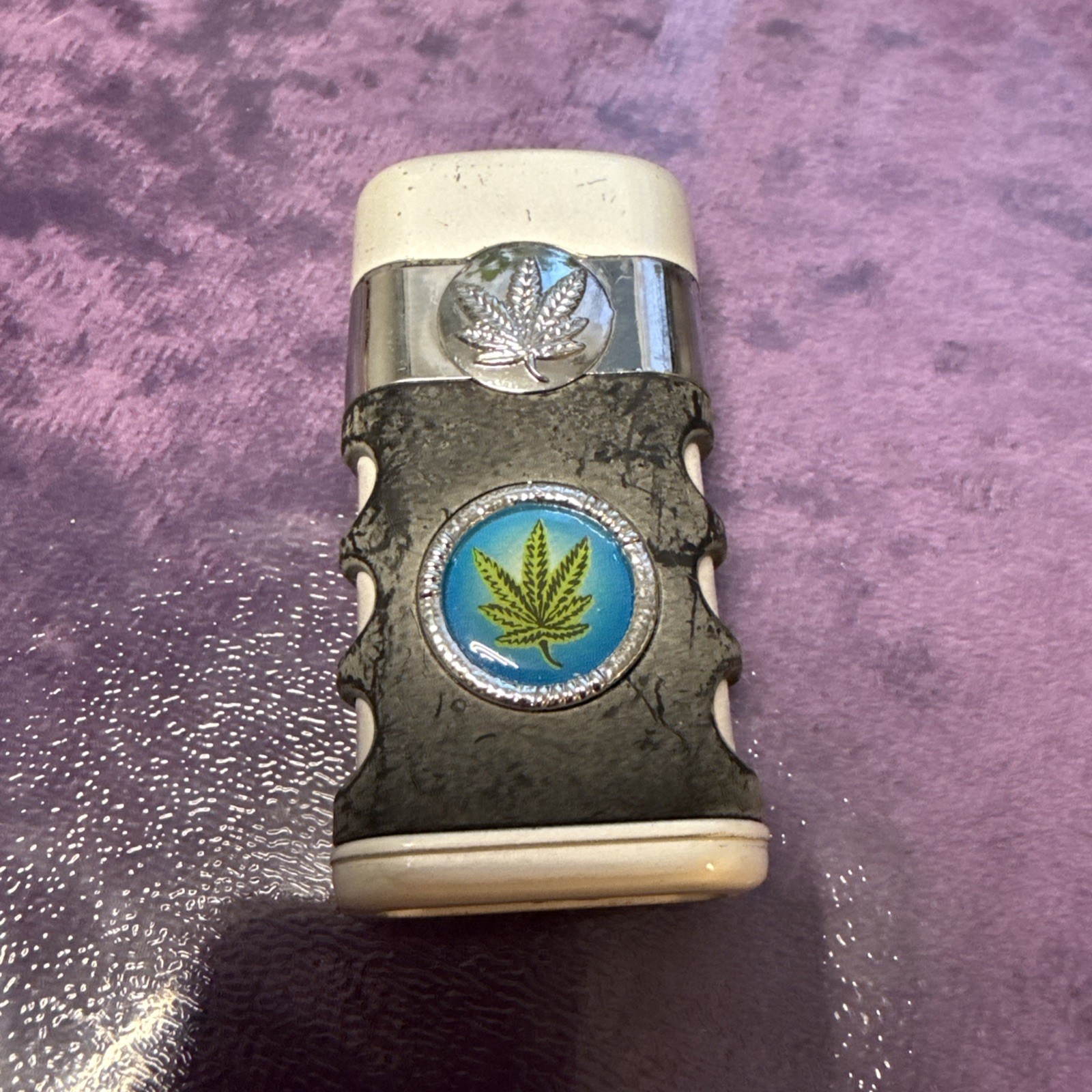 Vintage Metal Refillable Butane Lighter Marijuana Leaf