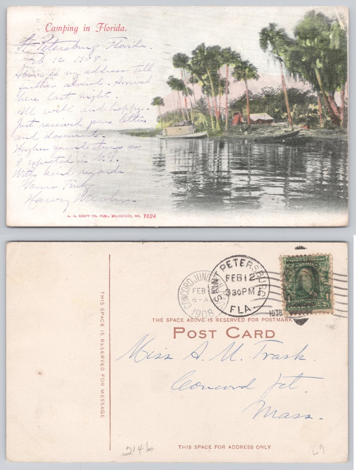 1908 St. Petersburg Florida Camping Scene Postcard L.C. Kropp Co. Posted