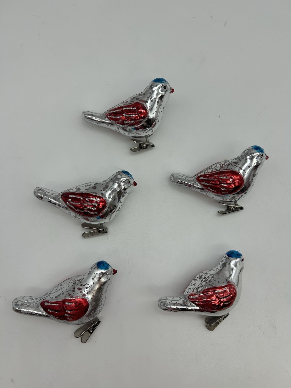 Qty (5) vintage mercury Clip-on Red, Silver & Blue Birds christmas ornaments