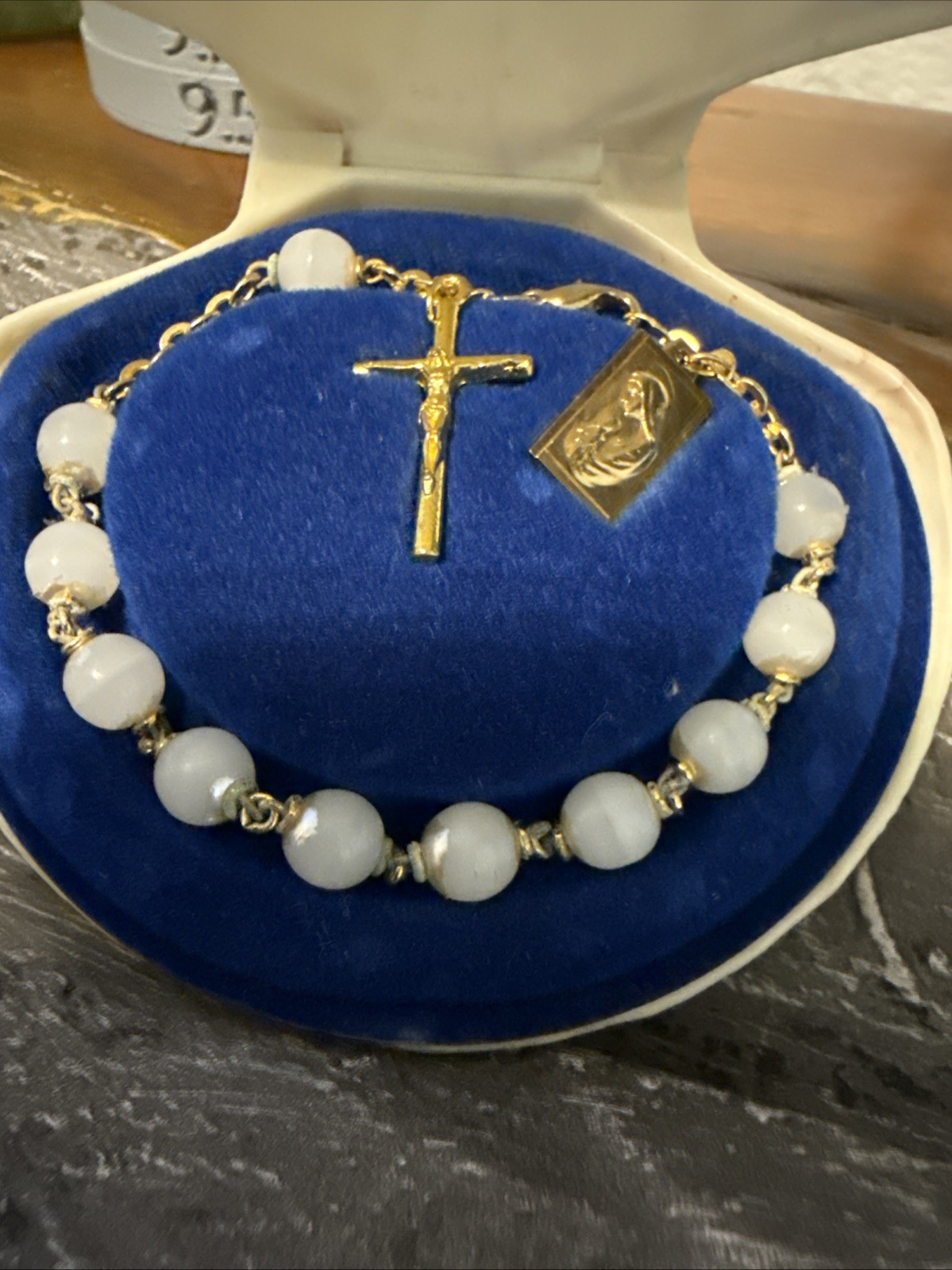 Vintage Gold Plated Rosary Bracelet With Beads in Shell Case