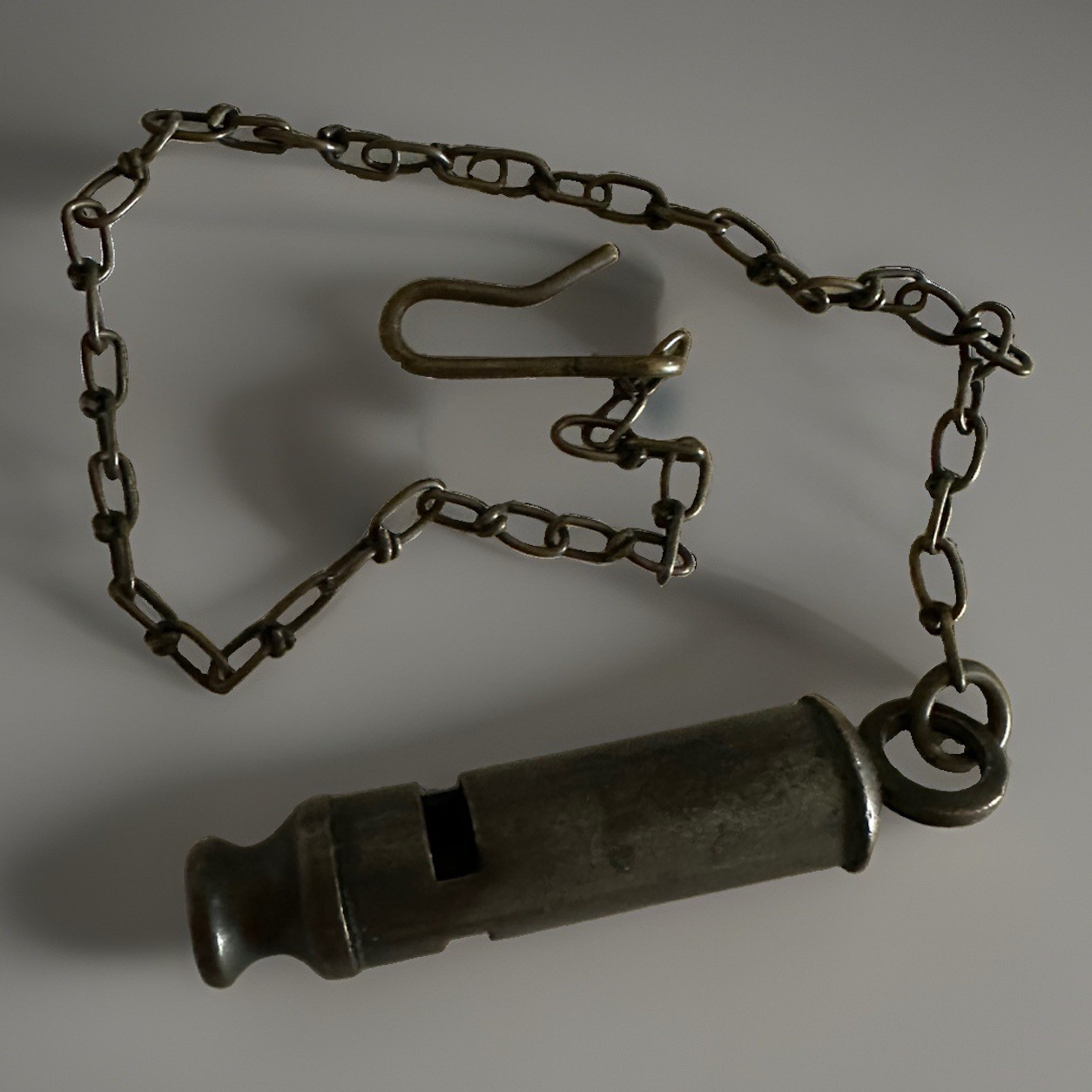Vintage WWI Military Trench Whistle 16” chain and hook  patina