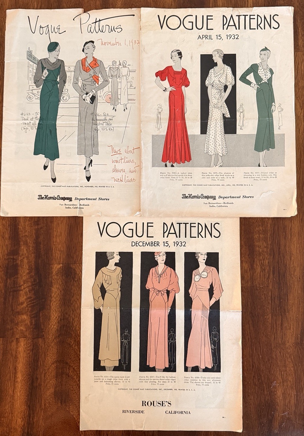 Three Vintage 1932 Vogue Pattern Preview Fashion Magazine Brochures