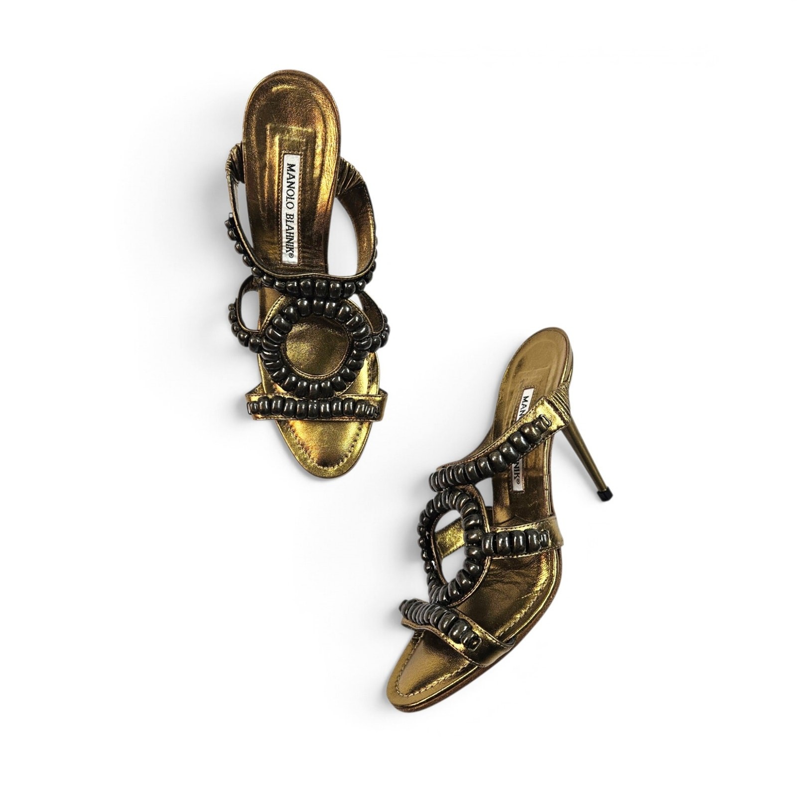 Vintage Manolo Blahnik Heels Gold Beaded Y2k Mules - Size 37.5 EU (US 7)