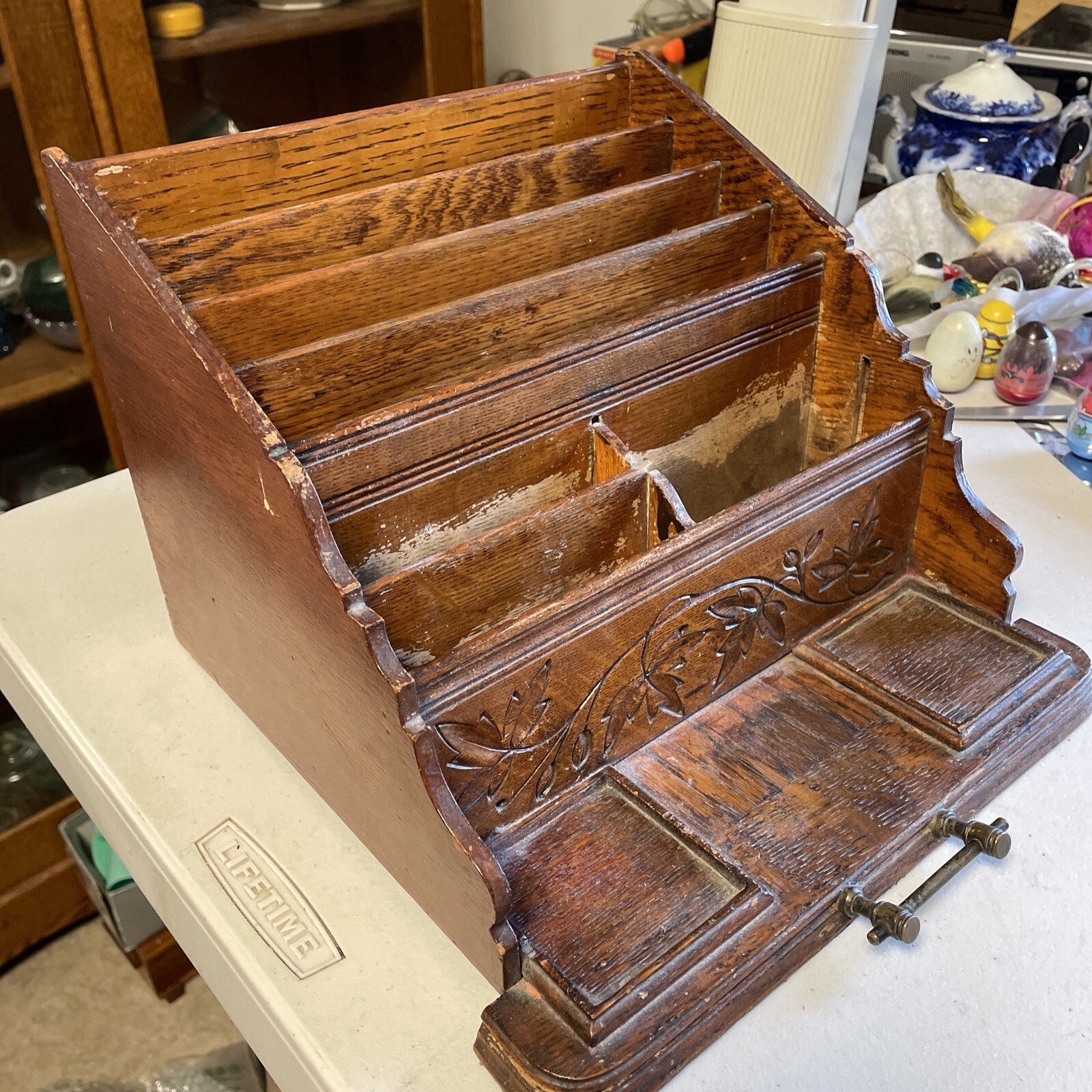 Oak DESK TOP STATIONARY ORGANIZER CADDY Cubby Rare 1880's 