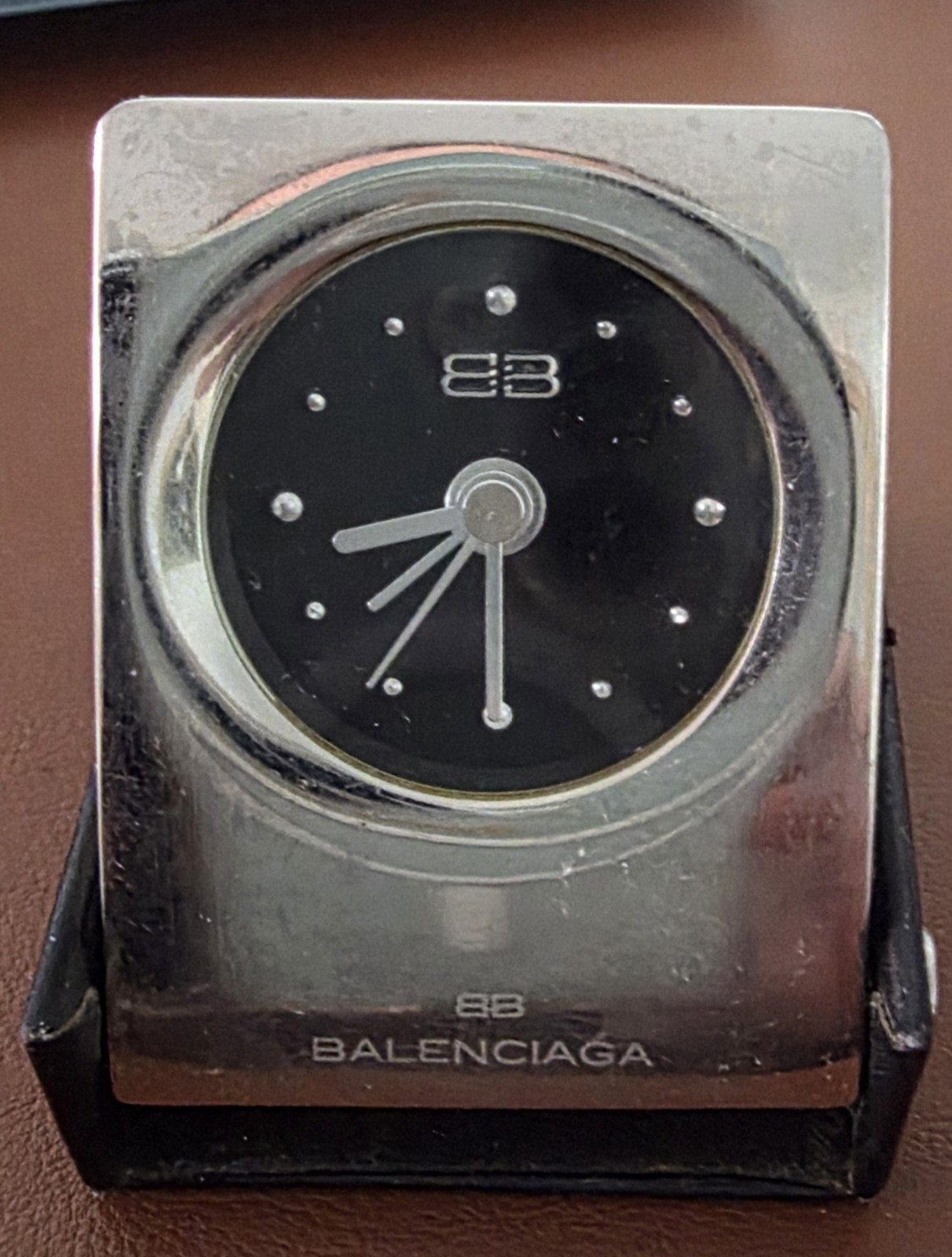 Balenciaga Travel Alarm Clock Black Quartz Folding Desk Clock w/ Case & Box