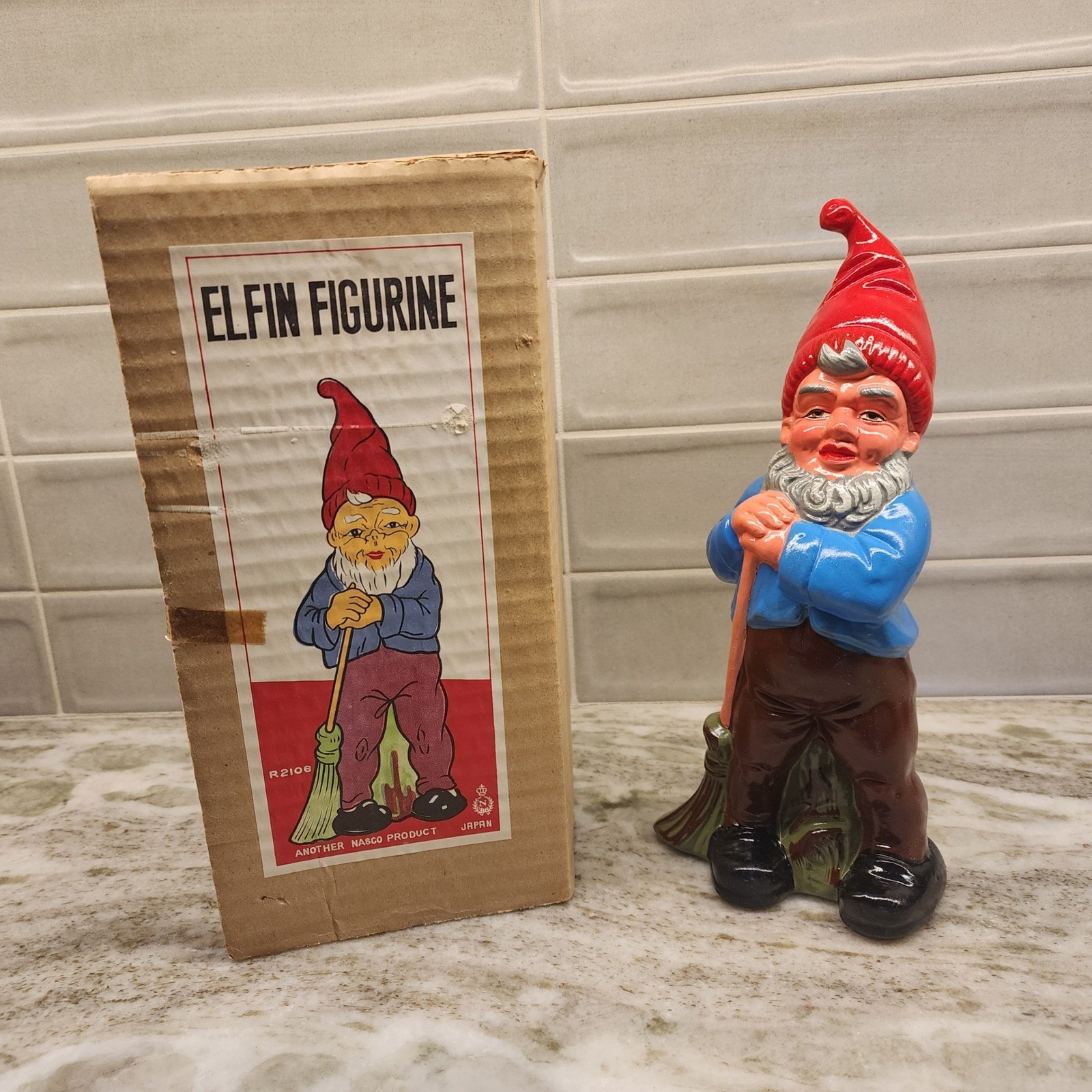 Vintage Elfin Figurine NASCO Japan Gnome with Broom, with Original Box - Rare