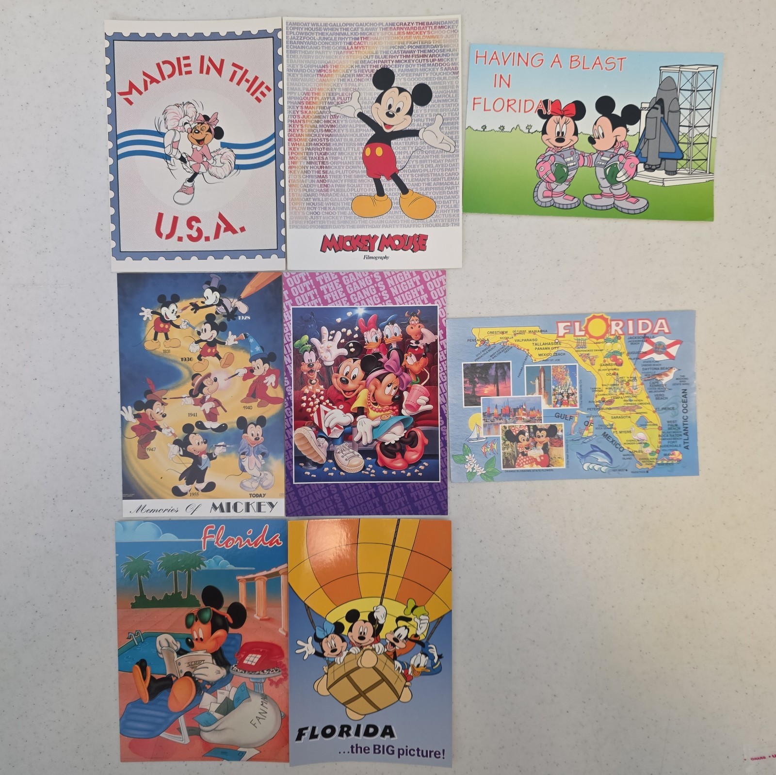 8 Vintage Disney Florida Postcards Lot Mickey Astronauts Balloon NOS 80s 90s