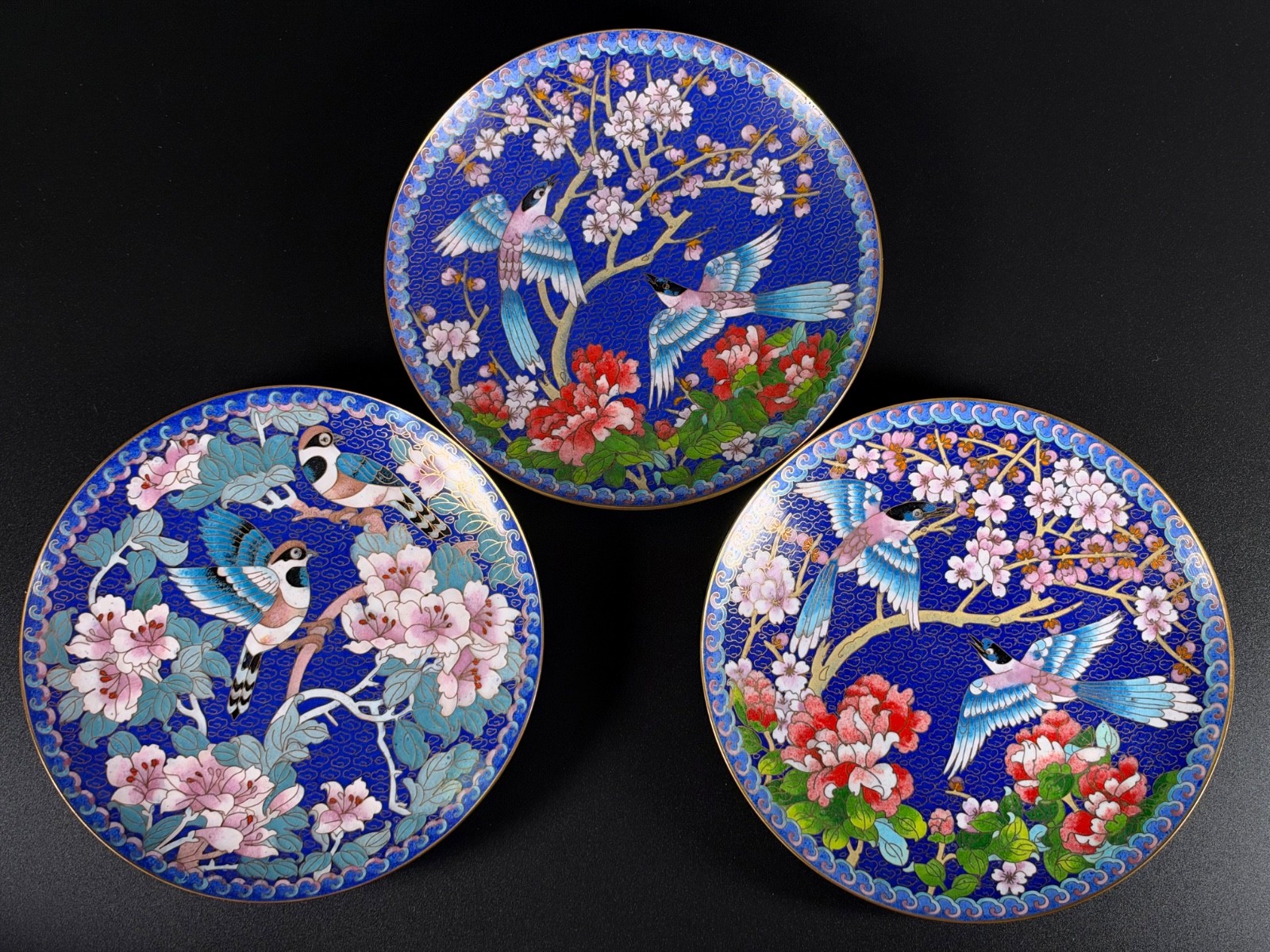 Set of 3-Vintage Ching-t\'ai-lan Cloisonné Plates  Winged Jewels 7.25\