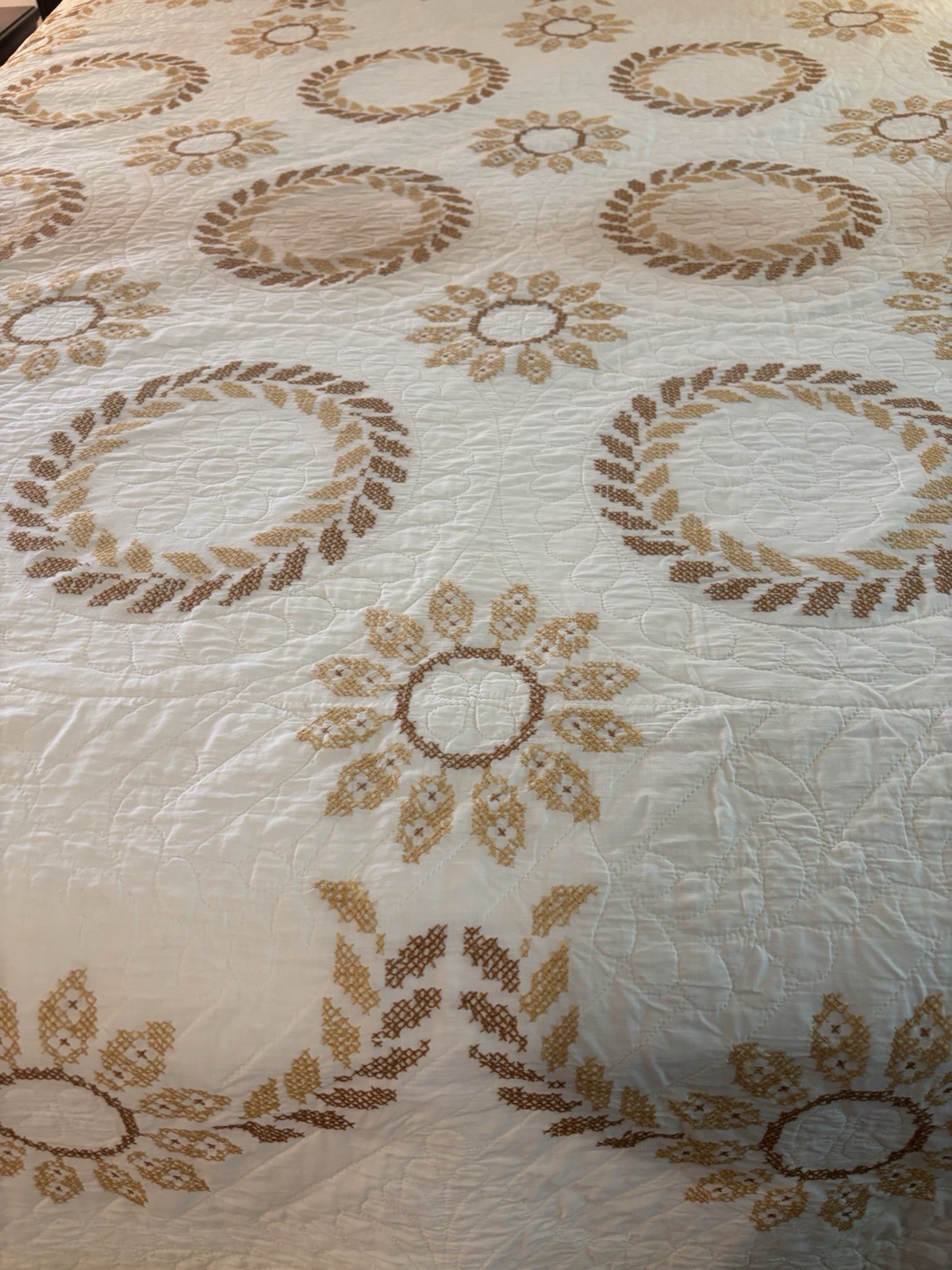 Vintage Handmade Quilted & Brown and Gold Cross Stitched 96\