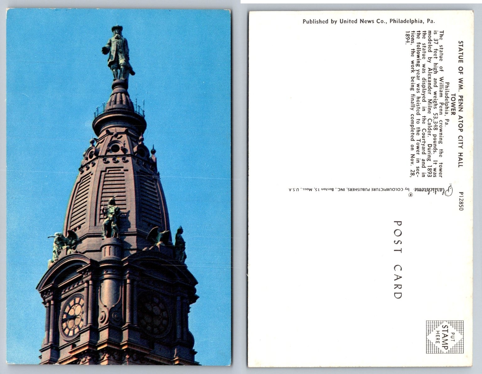 Phila City Hall William Penn Statue Plastichrome Postcard 1894 Landmark