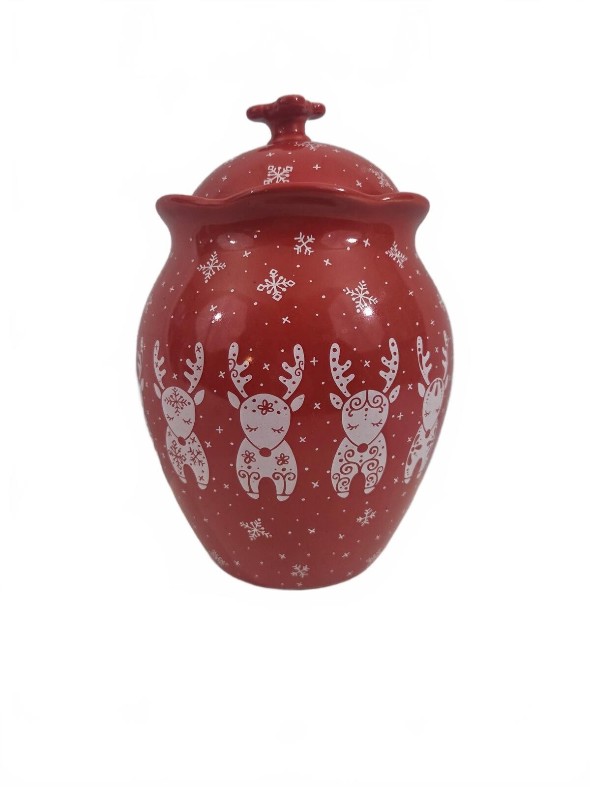 Temp-tations Winter Whimsy Red Ceramic Reindeer Canister Jar Lid Recipe Cards