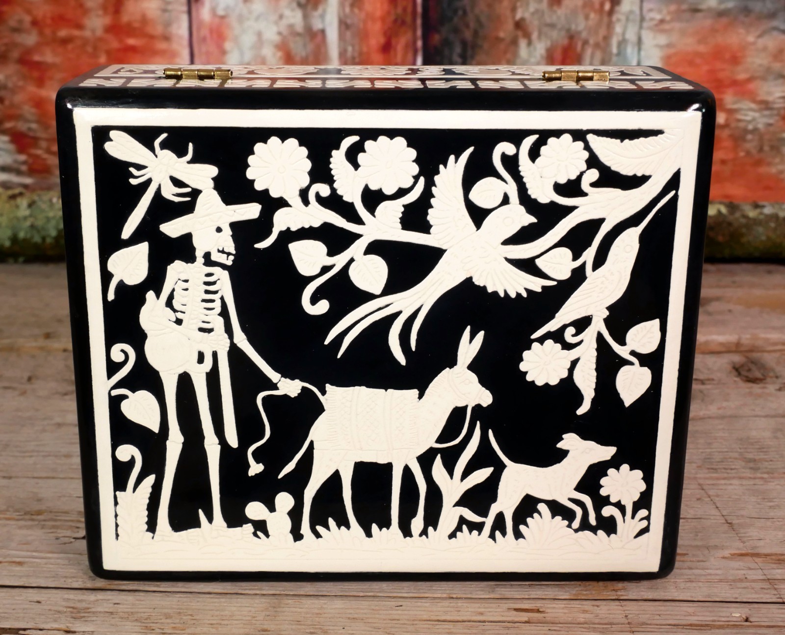 Handmade Day of the Dead Lacquer Box Skeleton Donkey Dog Parrot Mexico Folk Art