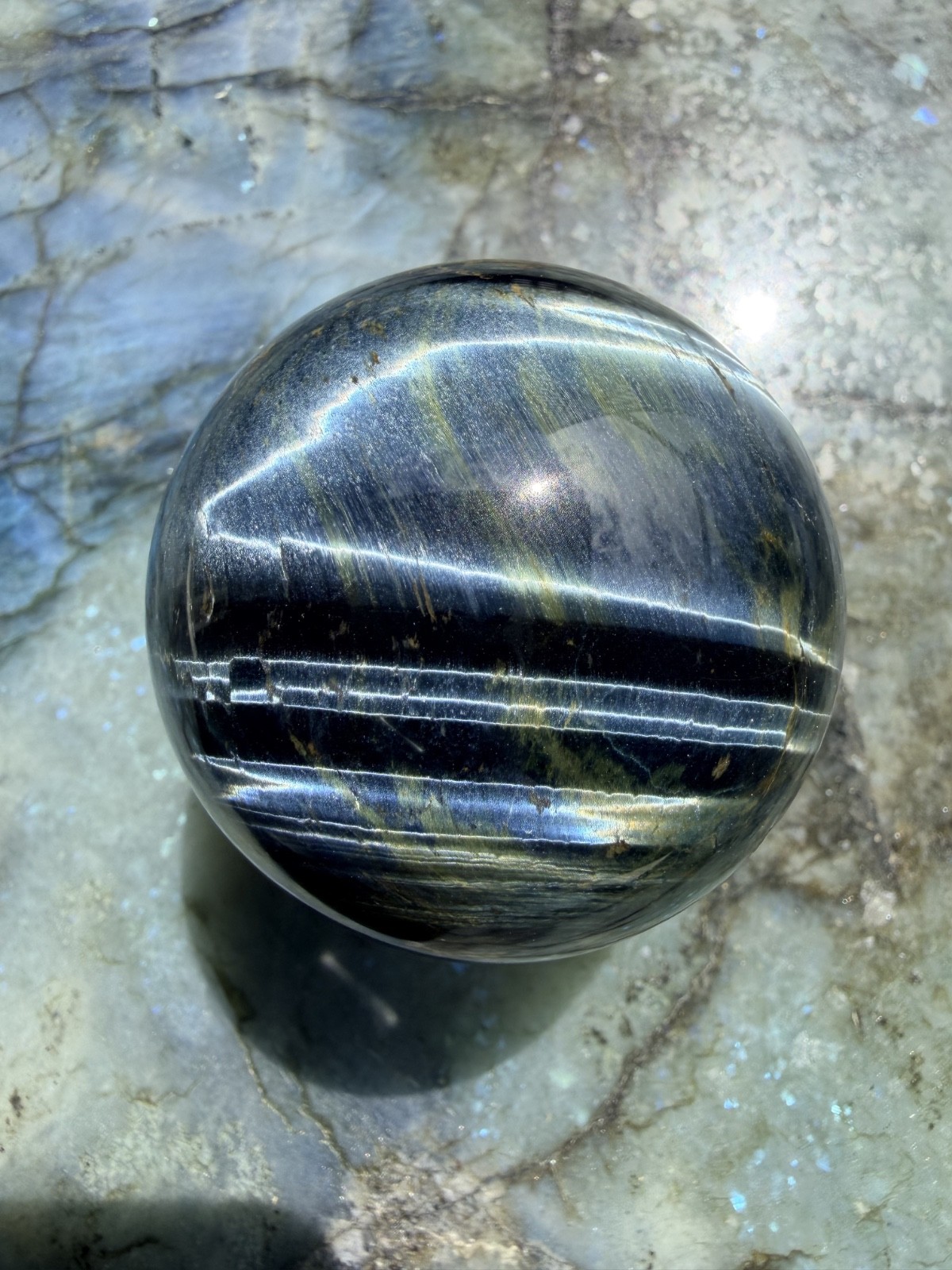 Blue Tiger’s Eye (Hawk’s Eye) Sphere | Intense Chatoyancy Cat’s Eye Effect 2.3