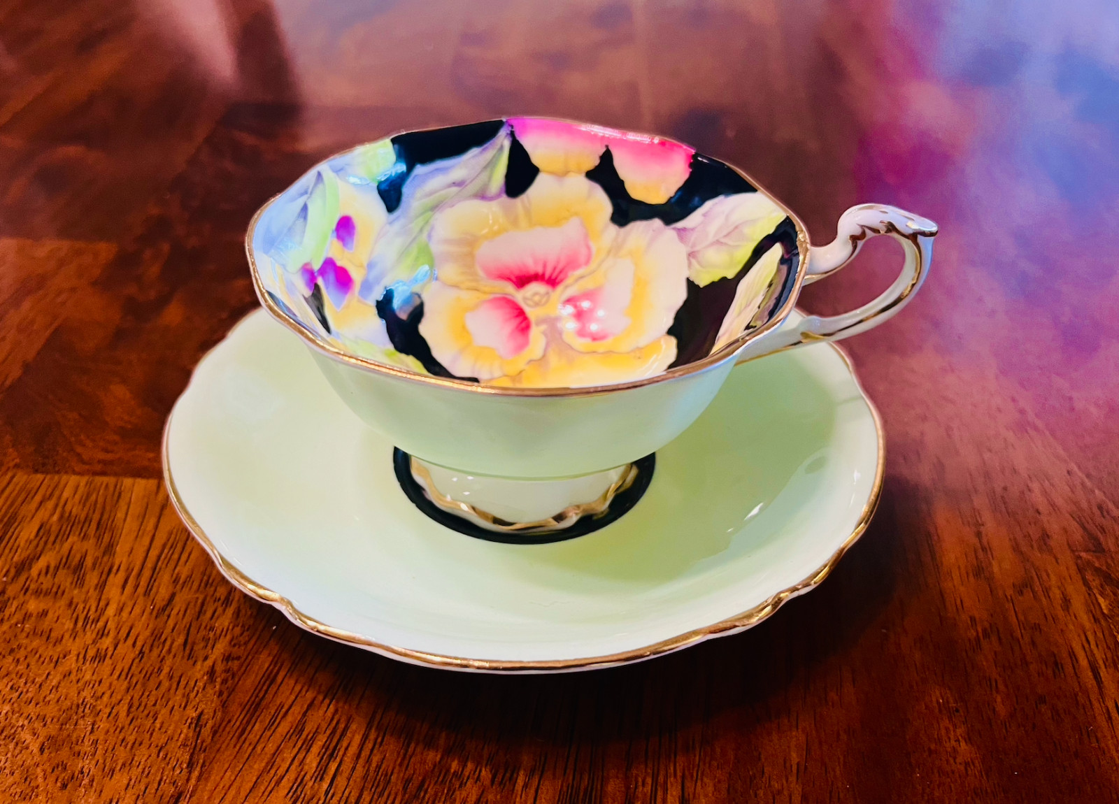 Paragon Mint Green Pansy Teacup & Saucer Floral Gold Trim Made in England