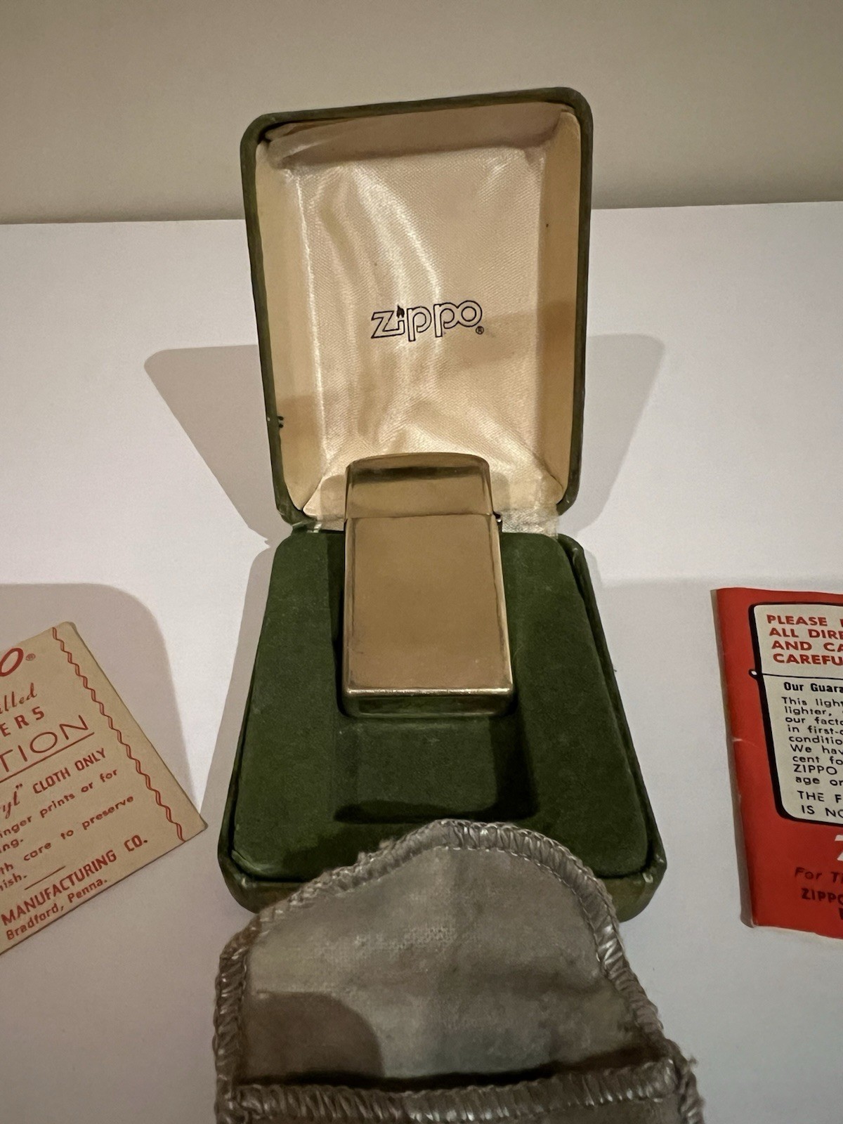 1950\'s 10k Gold Filled Slim Zippo Lighter With Original Box, Pouch And Papers