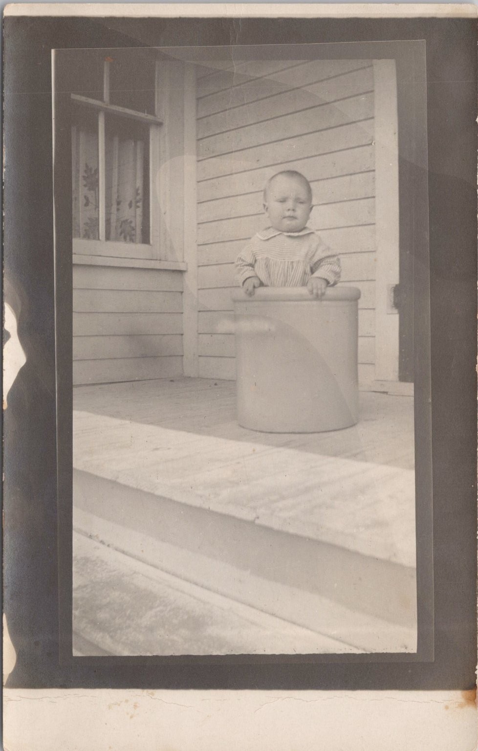 Baby Sitting in Stoneware Crock on Porch Real Photo Postcard c1930s RPPC