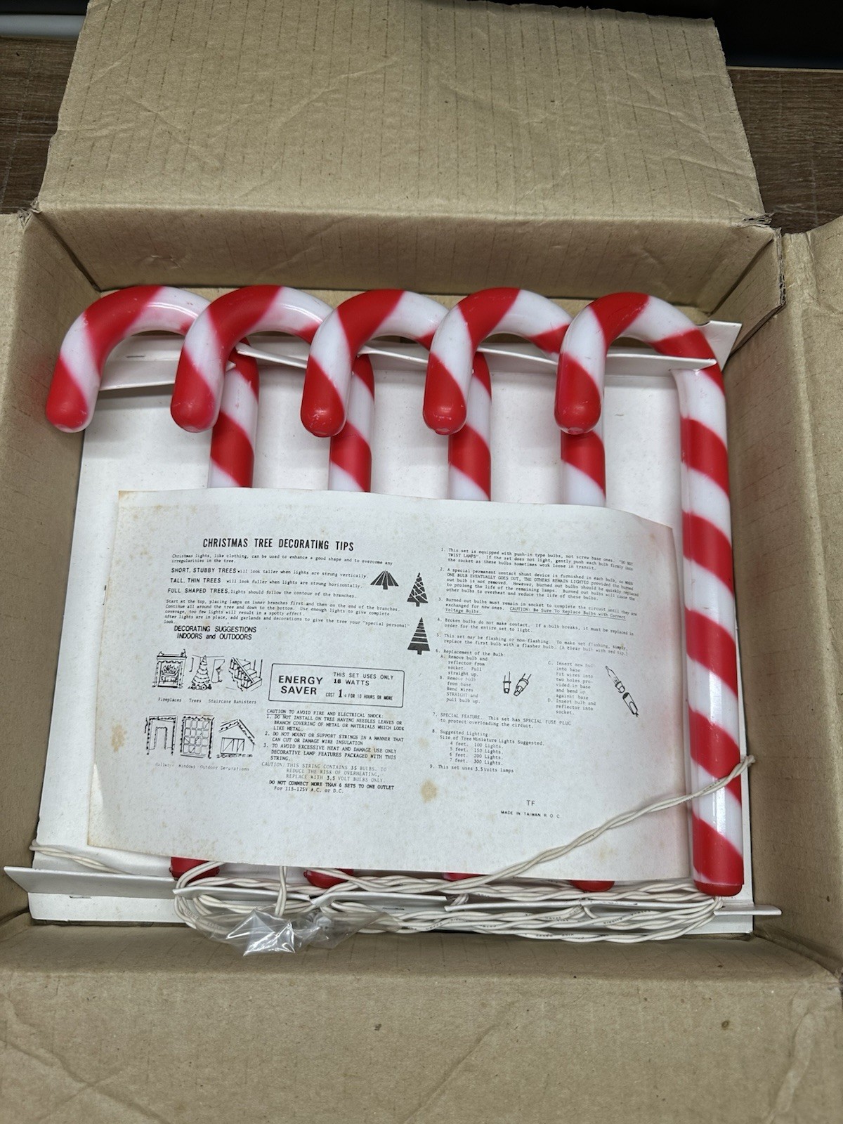 Rare Vintage 1993 Lighted Candy Cane Blow Mold String Lights Set 6 Working Box