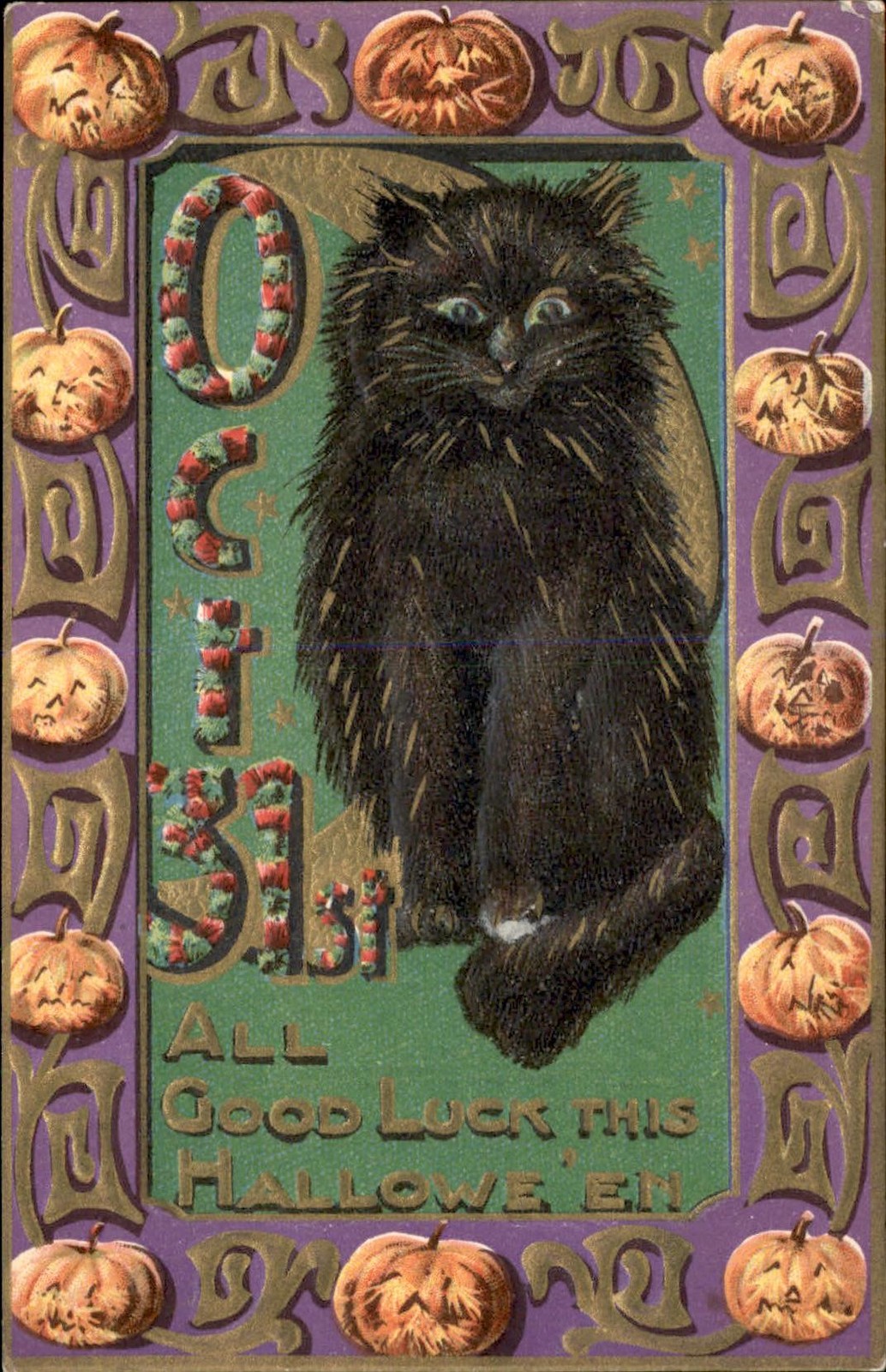 Halloween Black Cat Embossed GREAT COLOR Series 2279 c1900s-10s Postcard bhn