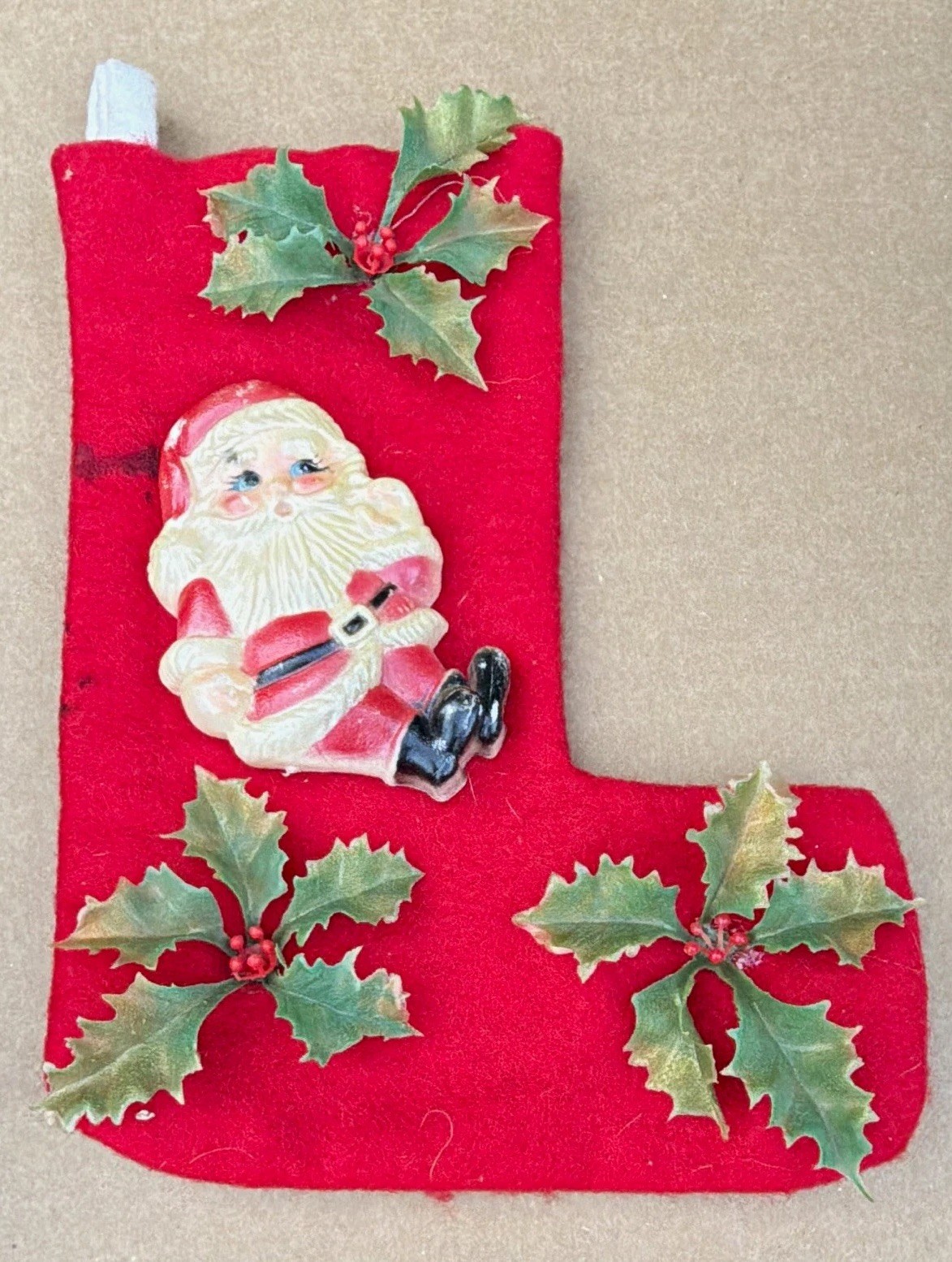 Vtg Mid Century Small Red Felt Christmas Stocking Plastic Santa Holly Applique