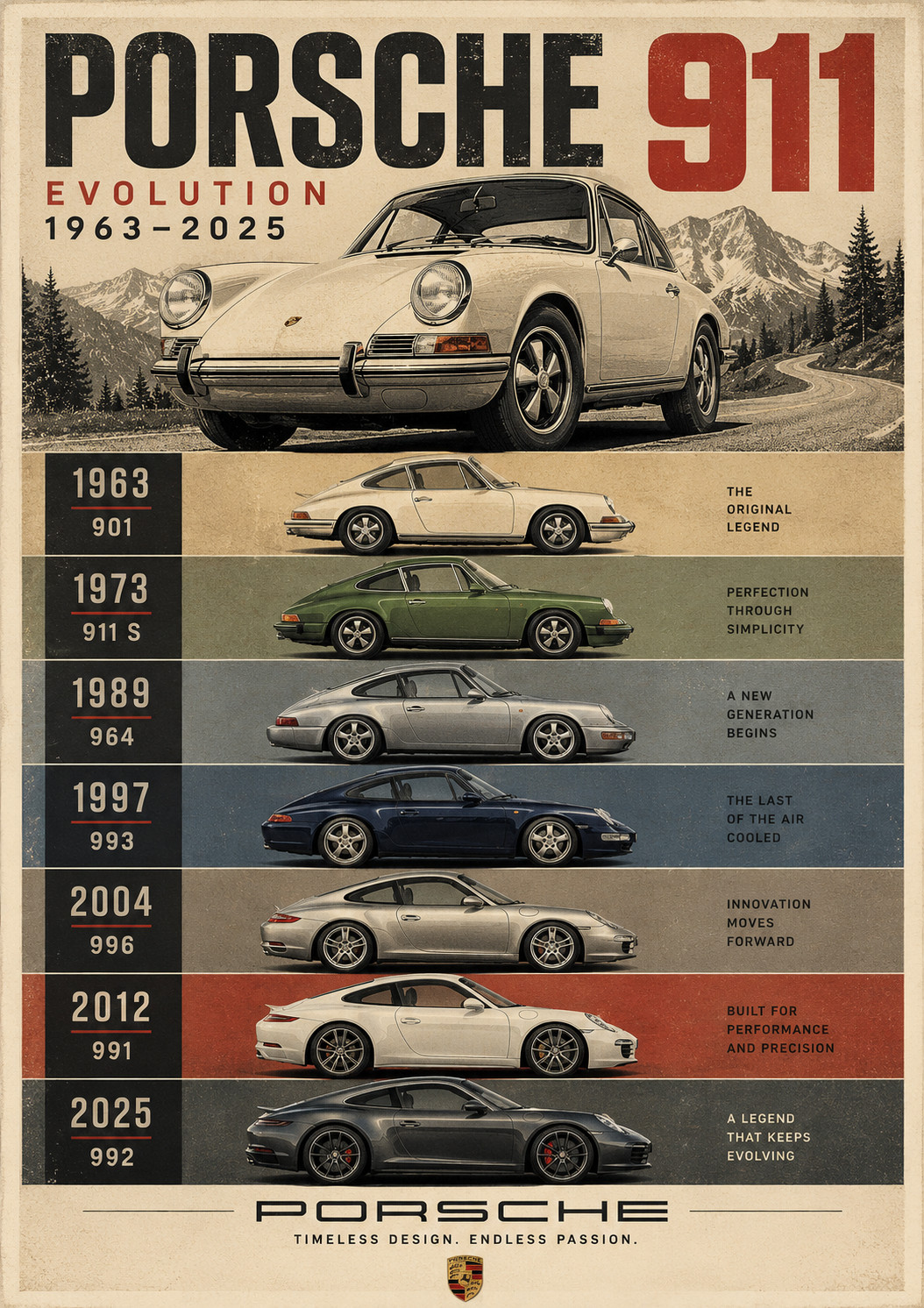 Porsche 911 Evolution Poster 1963-2025 Vintage Racing Car Wall Art Print 13x19