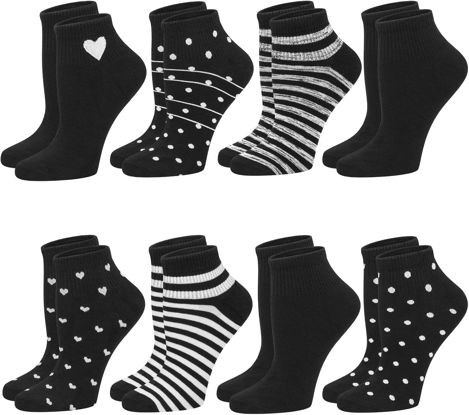 8 Pairs Cotton Ankle Socks for Women, Breathable Novelty A-black Dot Stripes