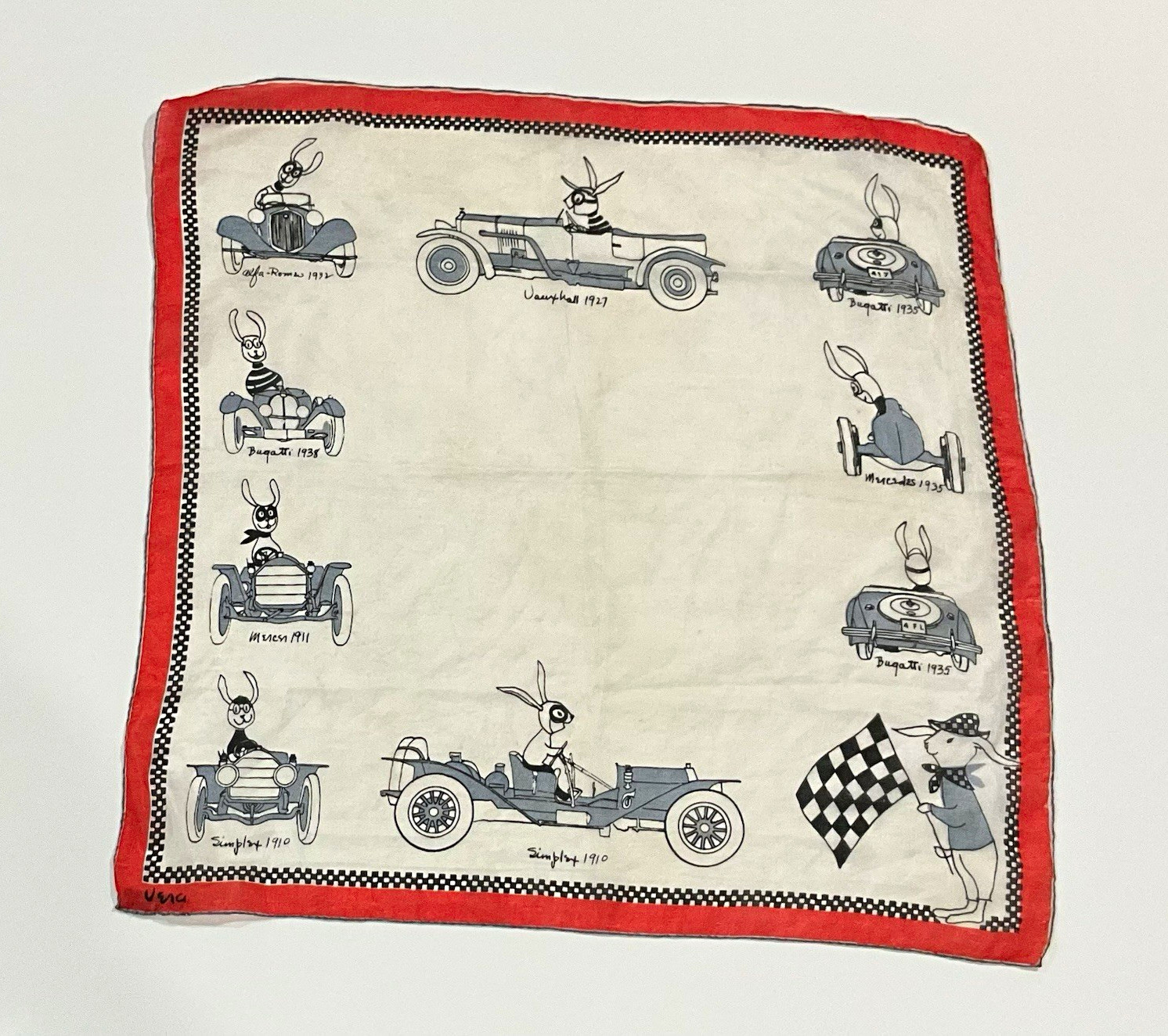 Vera Silk Hand Rolled Square Scarf Bunny Vintage Cars Racing Red Border - RARE