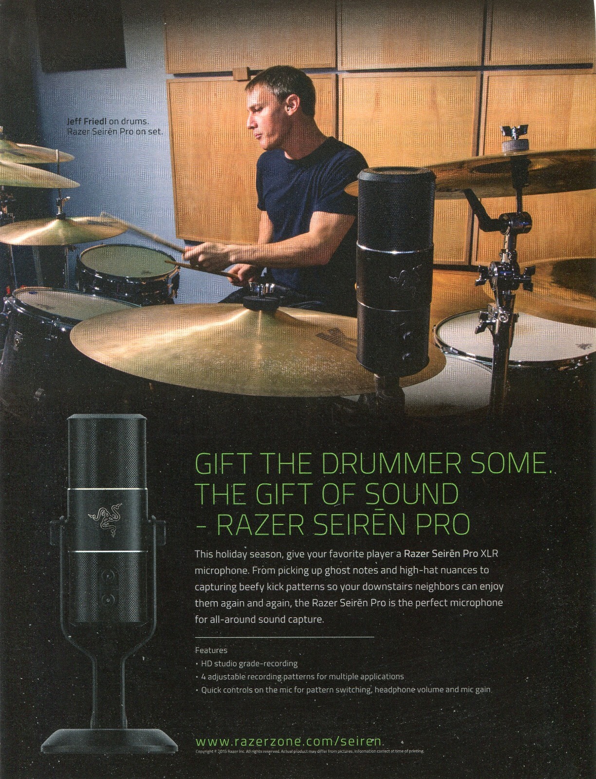 2015 Print Ad of Razer Seiren Pro Drum Microphones w Jeff Friedl