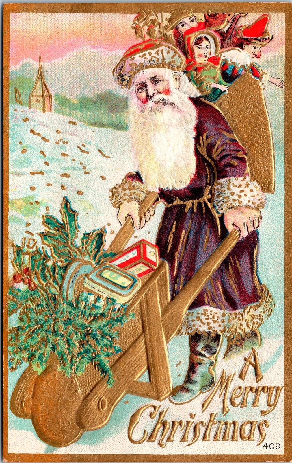 Vintage 1910\'s Santa In Purple Robe & Wheel Barrow & Toy Bags Christmas Postcard