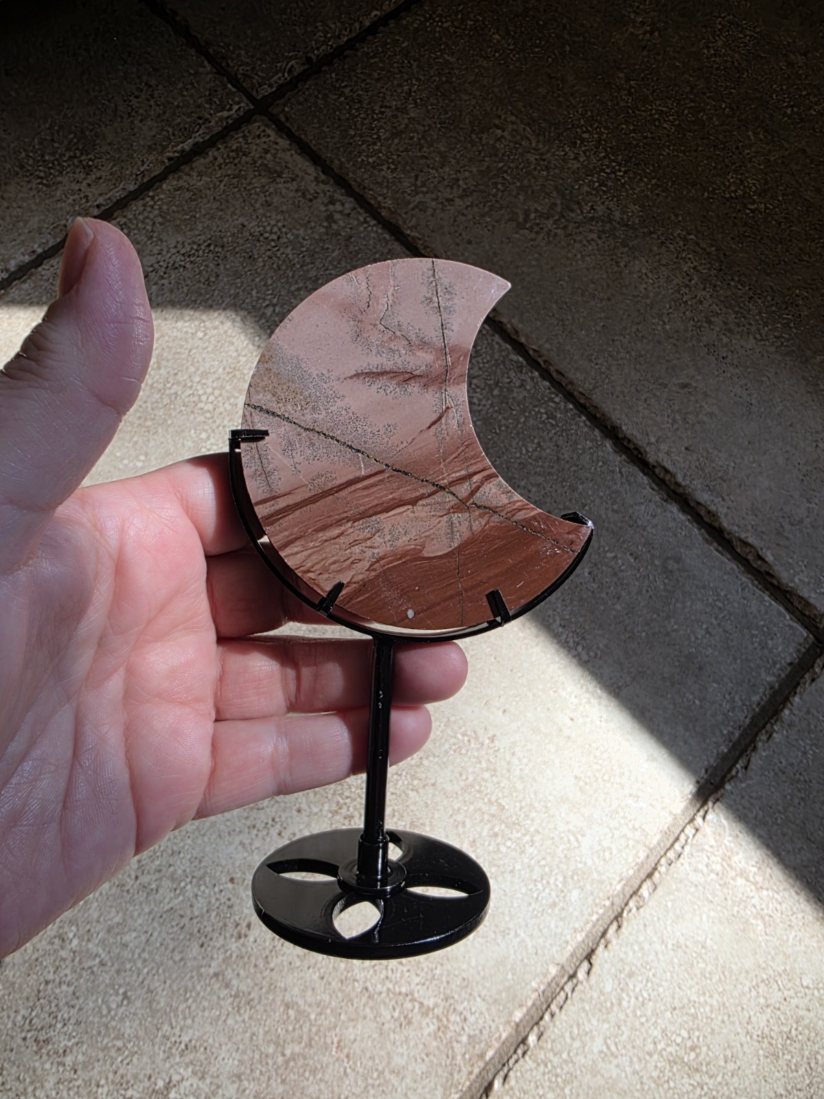 Red/Pink Picture Jasper Moon w/ Black Metal Display Stand