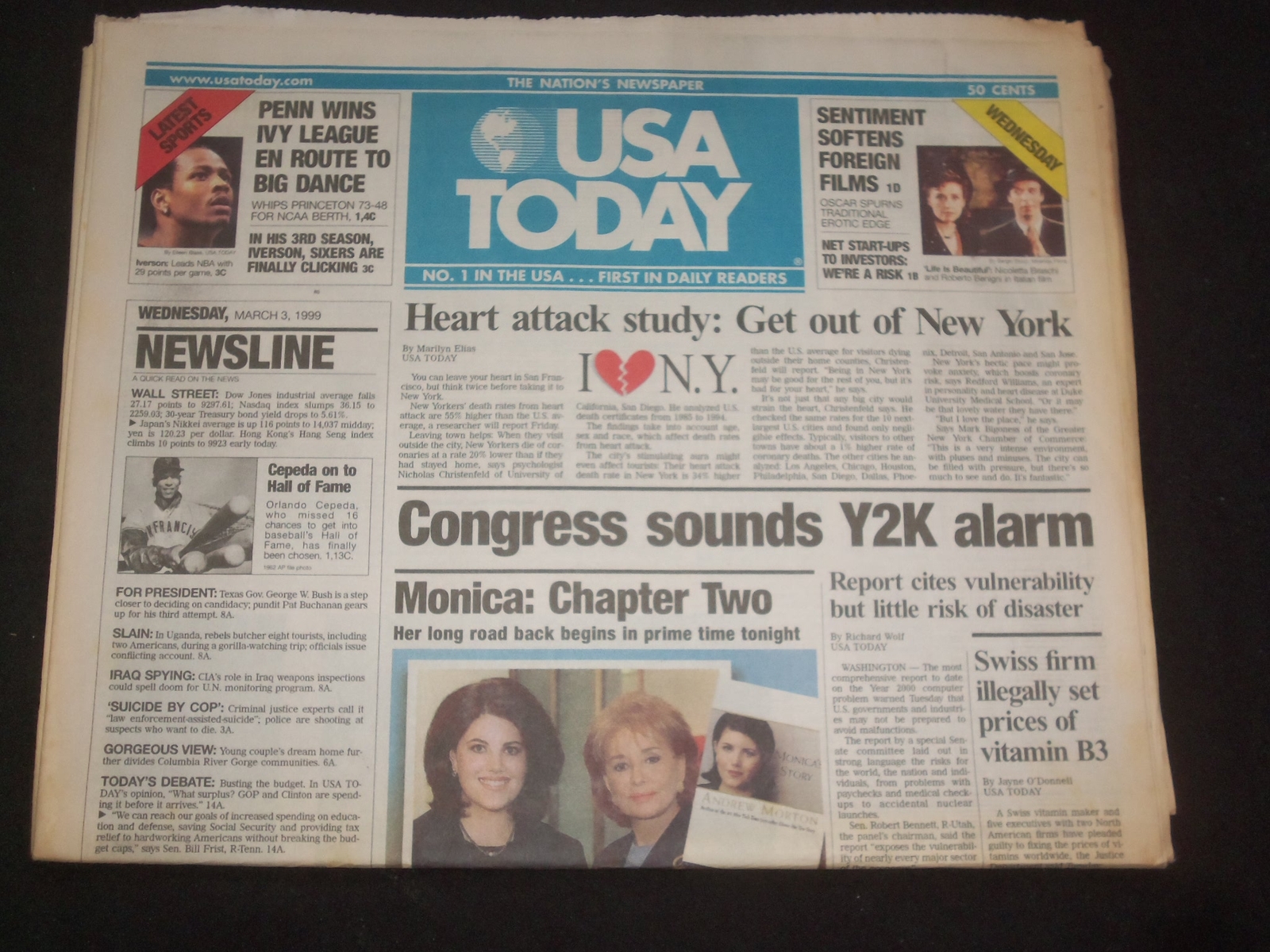 1999 MARCH 3 USA TODAY NEWSPAPER - CONGRESS SOUNDS Y2K ALARM - NP 8007