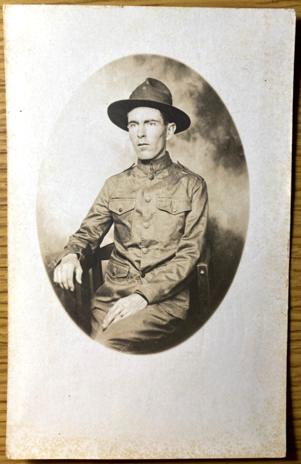 1918 RPPC: WWI ARMY SOLDIER UNIFORM MILITARY YANKEE antique real photo postcard