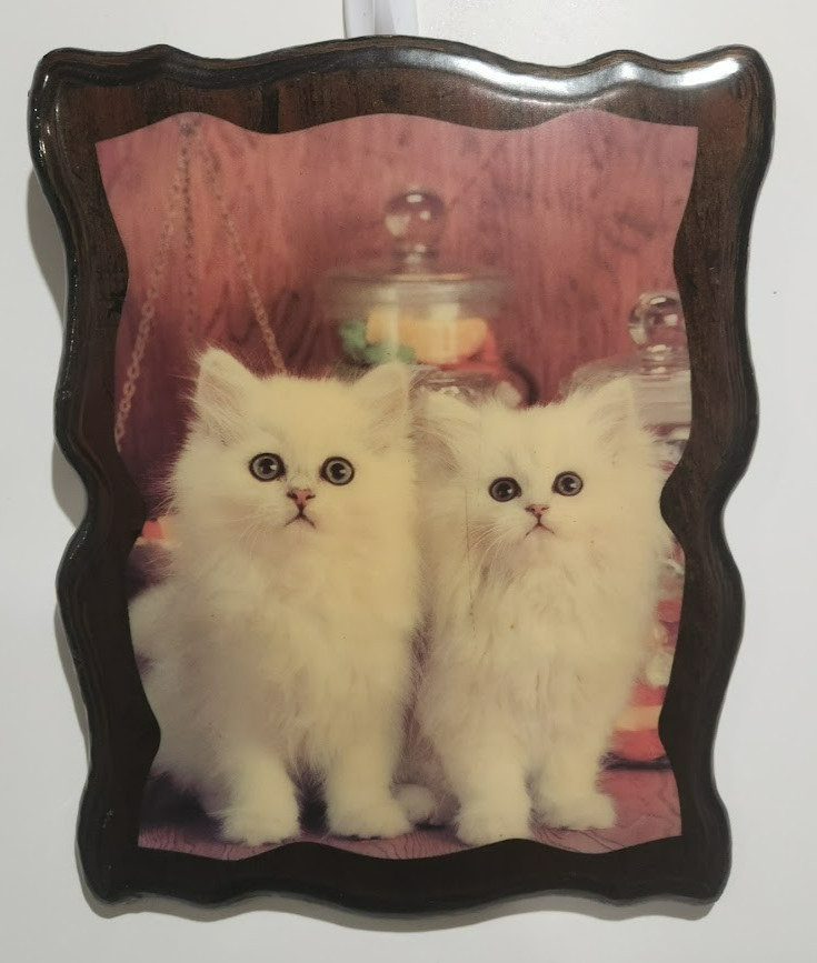 Vtg DenCraft wood Wall art print plaque 2 WHITE PERSIAN KITTENS CATS 12 X 14