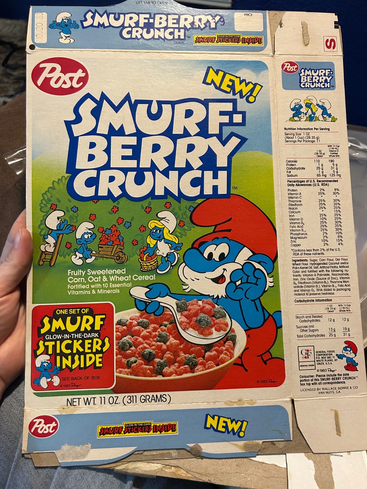 Post Smurf Berry Crunch Cereal Box 1982 Glow-In-Dark Sticker Offer Post Smurf Berry Crunch Cereal Box 1982 Glow-In-Dark Sticker Offer