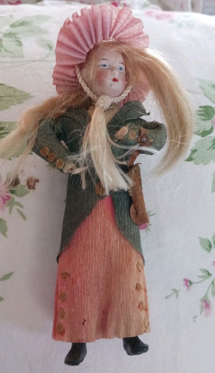 ANTIQUE BISQUE HEAD,CREPE PAPER DOLLHOUSE SZ.  REPURPOSED TO CHRISTMAS ORNAMENT