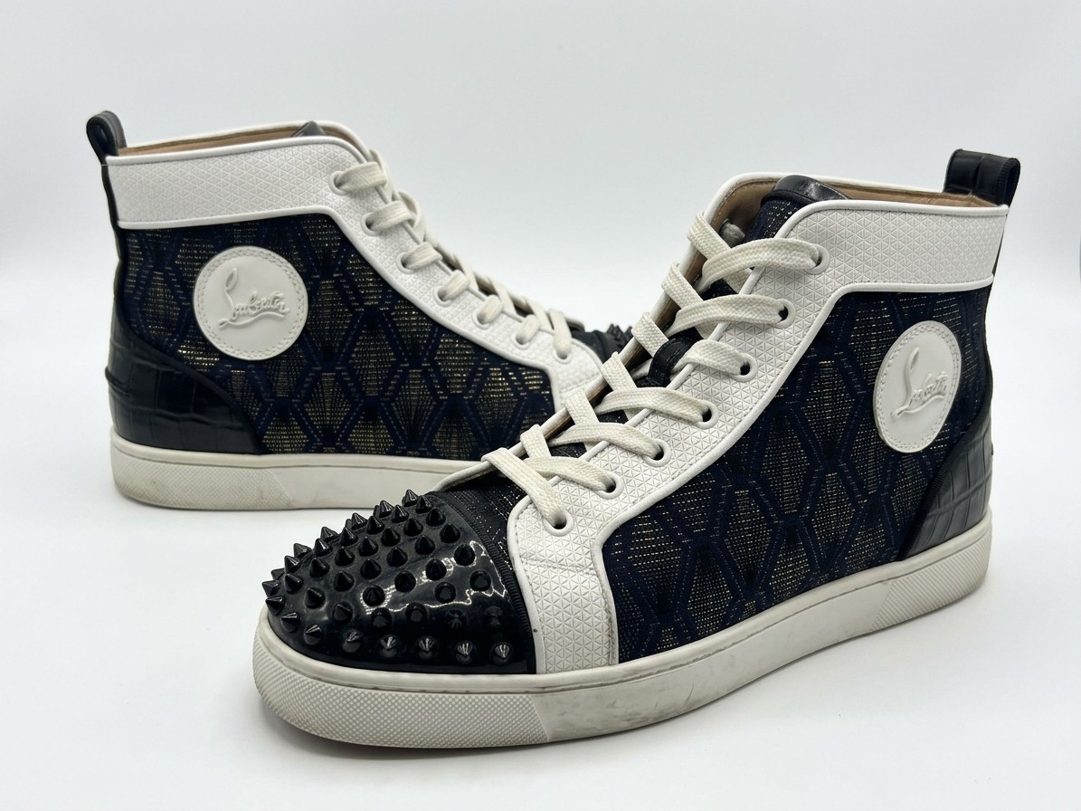 Christian Louboutin High Top Sneakers Black Navy Spiked Toe