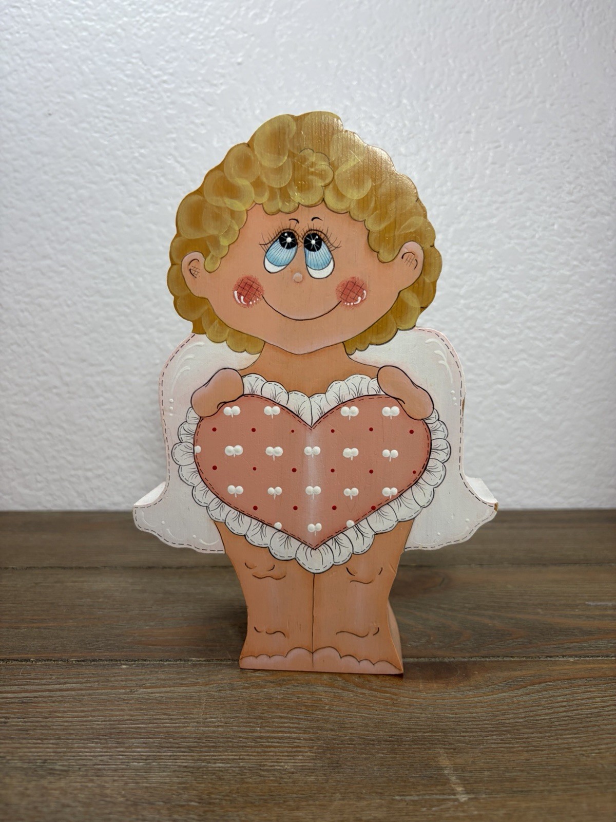 Vintage Hand Painted Wooden Cherub Angel Shelf Sitter Valentine Decor 8” Tall