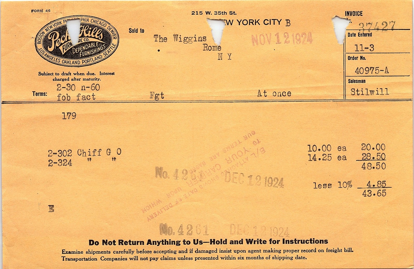 1924 Peck & Hills Furniture Co. NYC Invoice Billhead