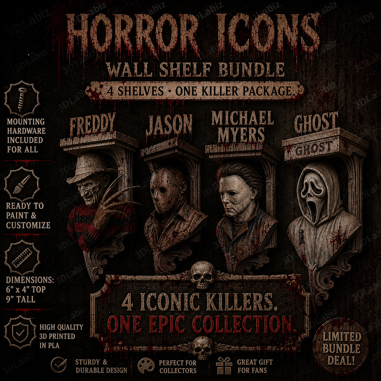 Horror Movie Killer Icons 4 Shelf Bundle 6x5 Top Floating Wall Shelf Collectible