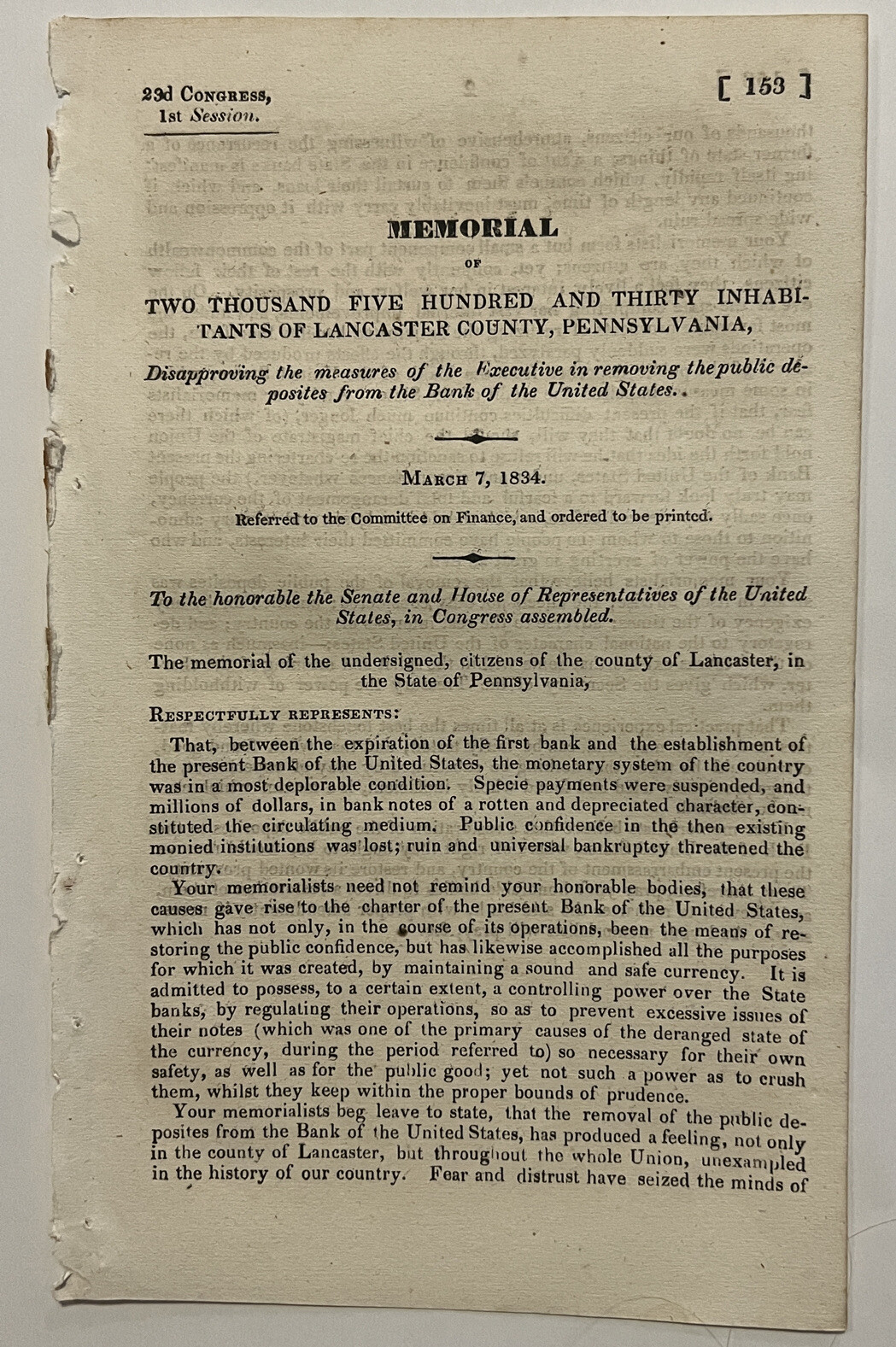 RARE 1834 BANK OF THE UNITED STATES MEMORIAL DOCUMENT LANCASTER PENNSYLVANIA