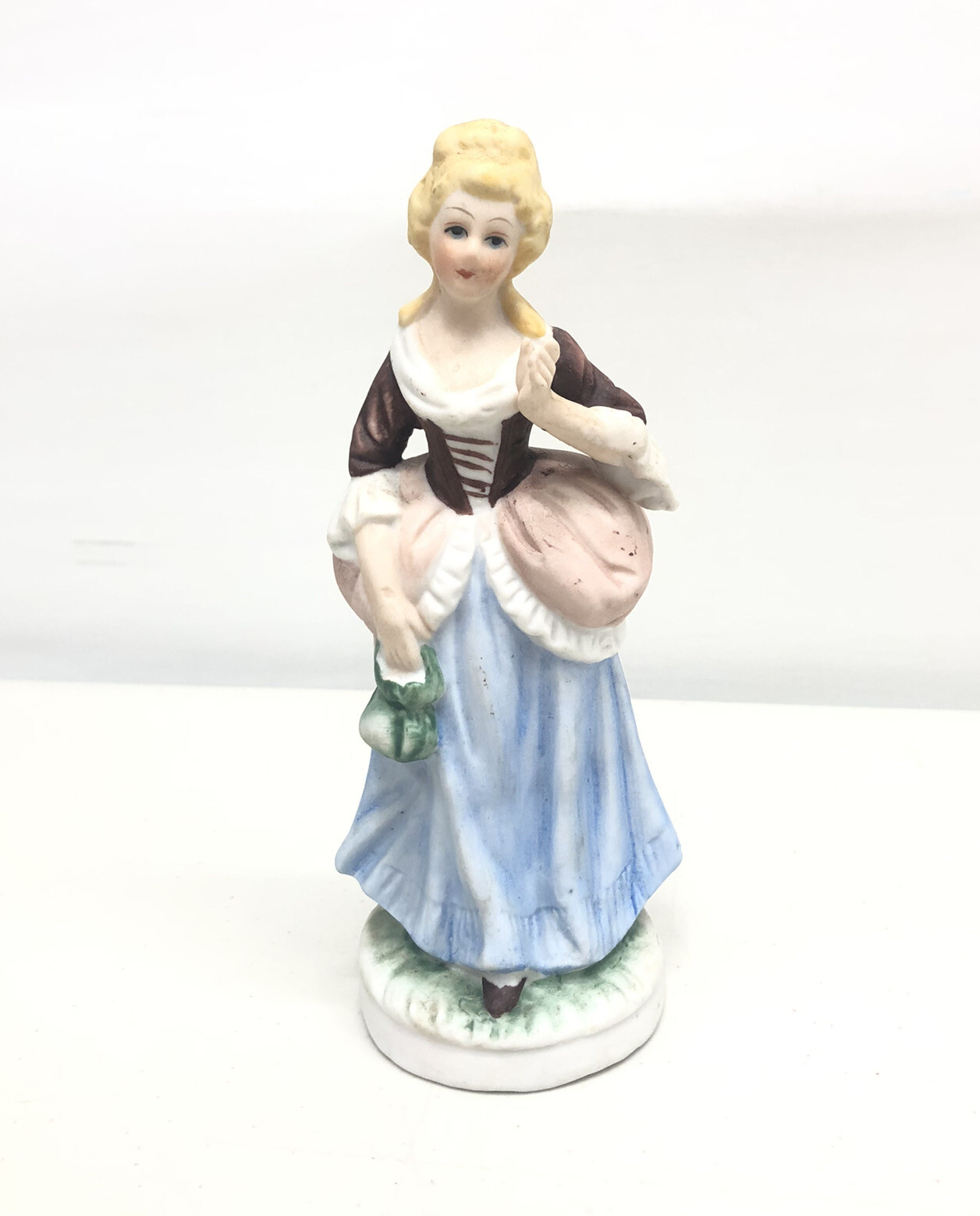 Antique German? Bisque Figurine Victorian Women in Blue Dress Green Purse Blonde