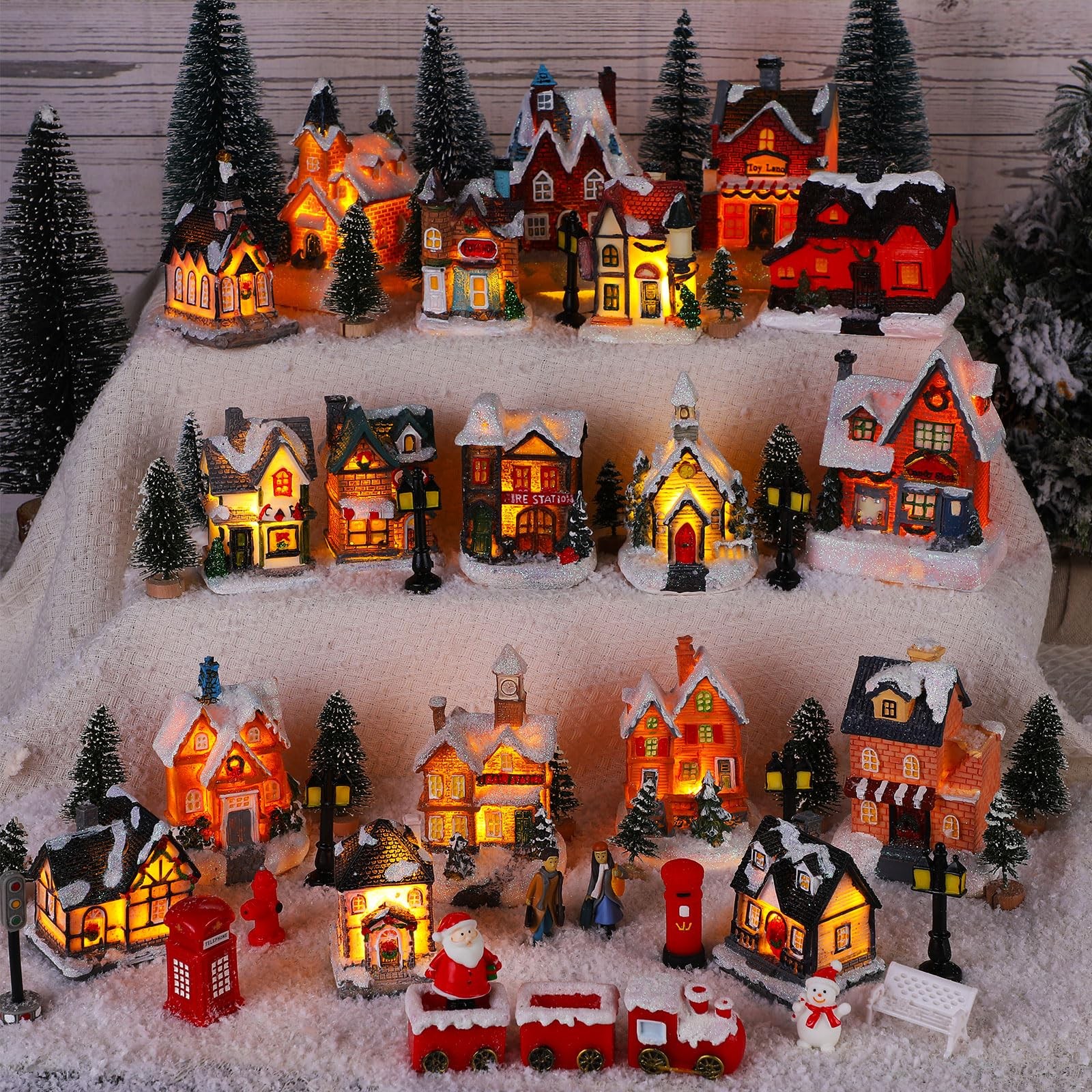 64 Pcs LED Christmas Village Houses Holiday Town Scene Set Resin Multicolor