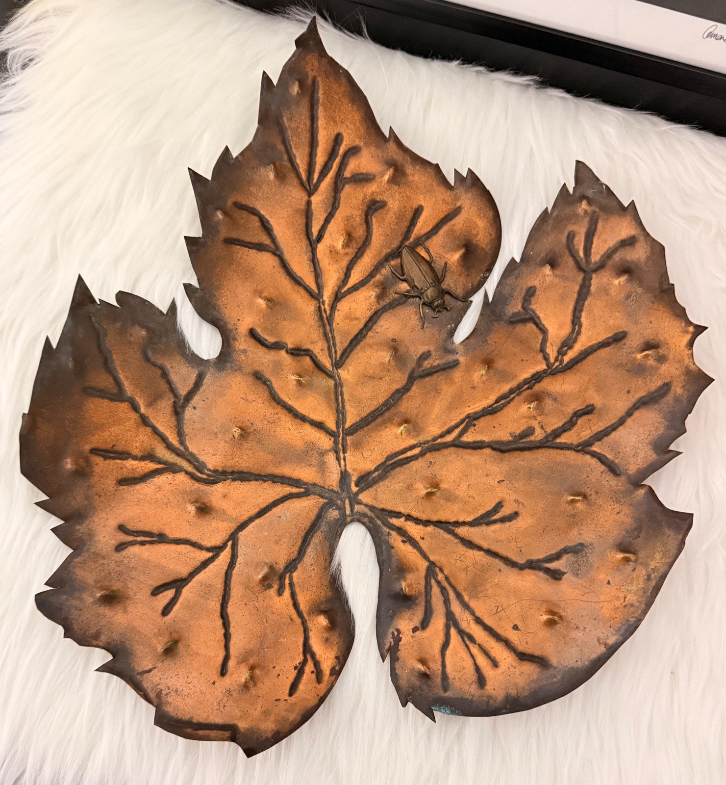 Handmade Hammered Copper Maple Leaf Decor | Beetle Insect | Patina |