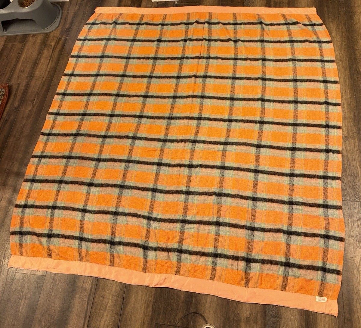 Vtg Chatham Virgin Wool Blend Blanket Orange Coral Plaid Satin Trim 80x75 USA